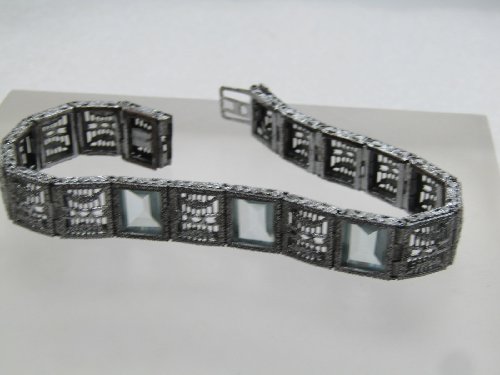 Vintage Sterling Art Deco Bracelet, 7" Blue Glass Stones, 1930'S - 8