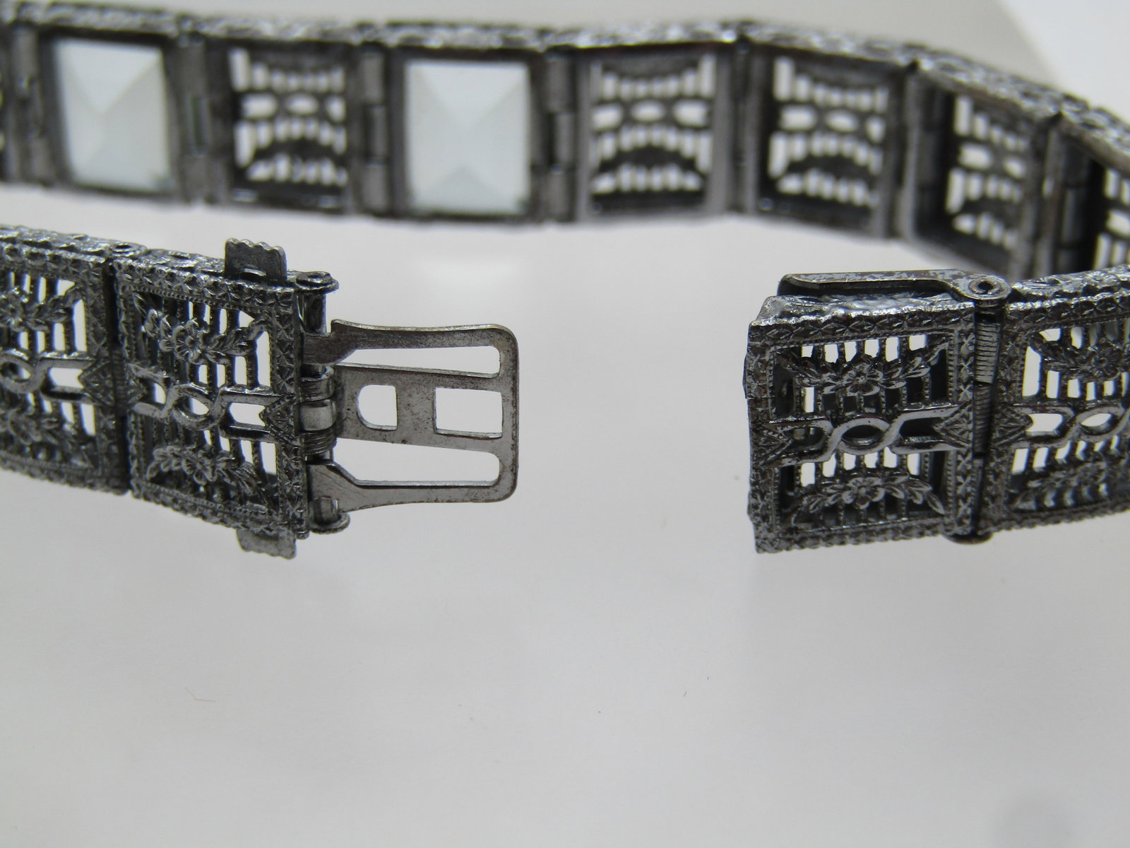 Vintage Sterling Art Deco Bracelet, 7" Blue Glass Stones, 1930'S - 9
