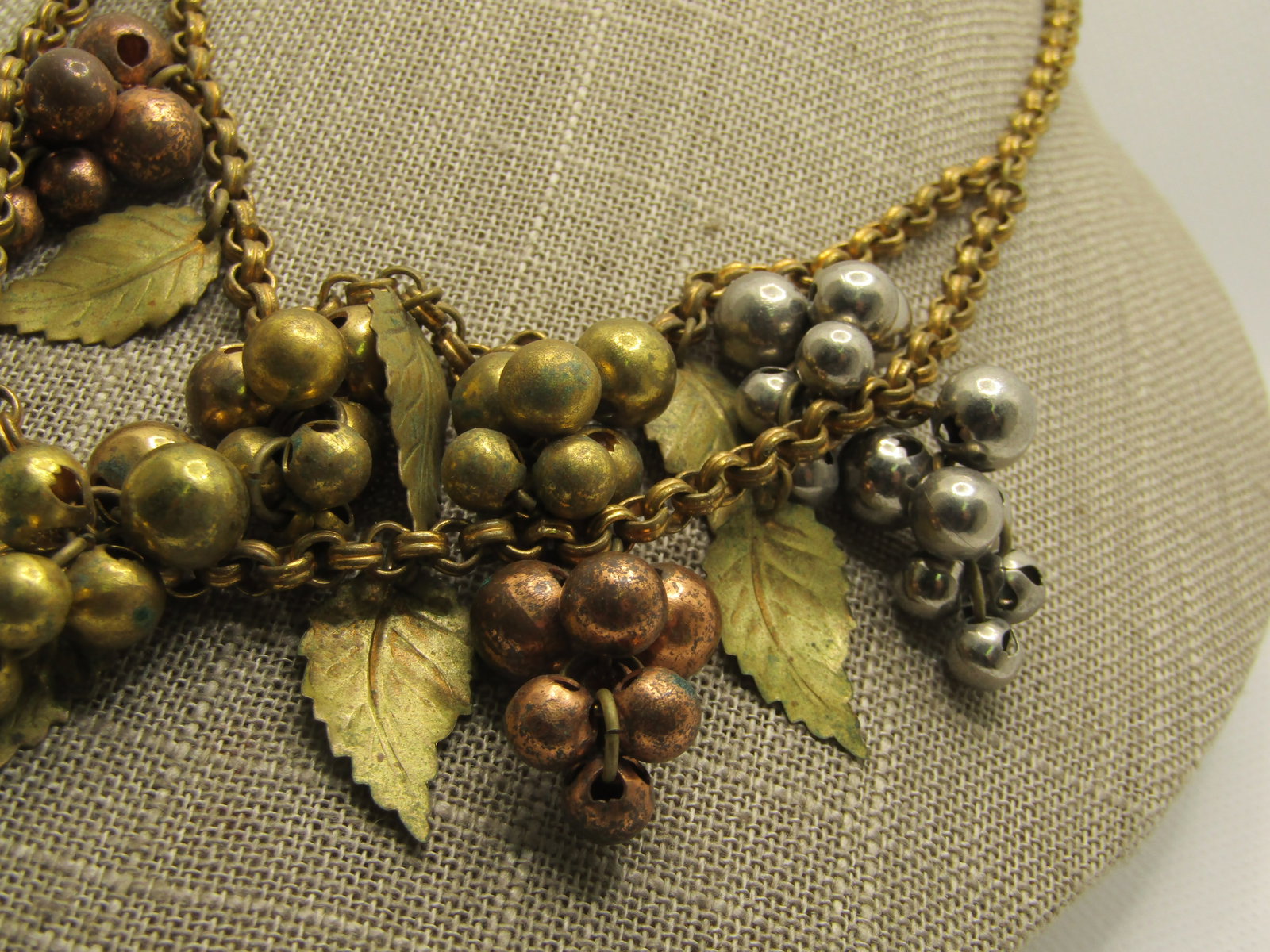 1940's Leaf and Cluster Beaded Drop Necklace, 15.75", Unsigned Miriam Haskell, Brass, Tri-Color - 5