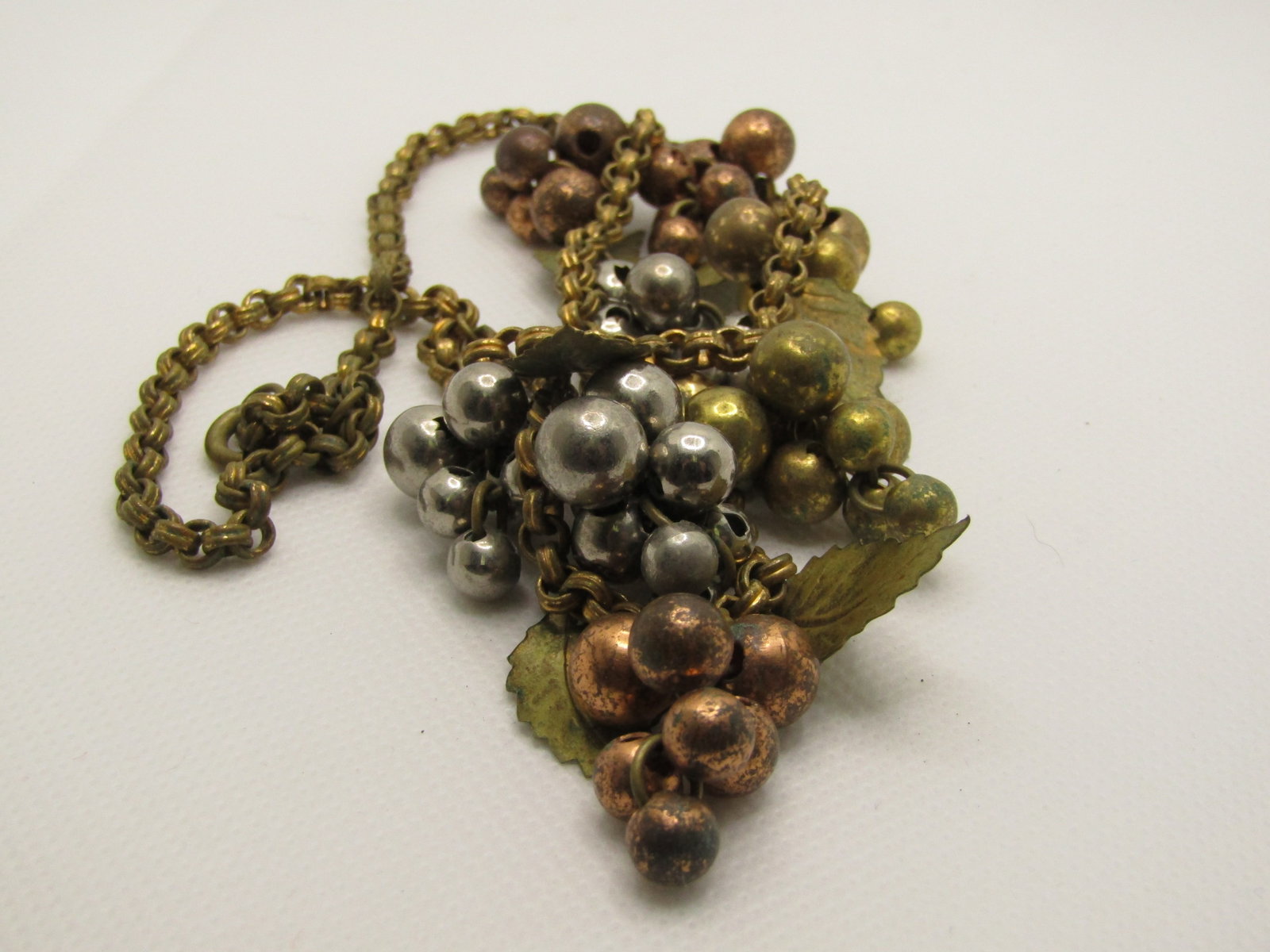 1940's Leaf and Cluster Beaded Drop Necklace, 15.75", Unsigned Miriam Haskell, Brass, Tri-Color - 6