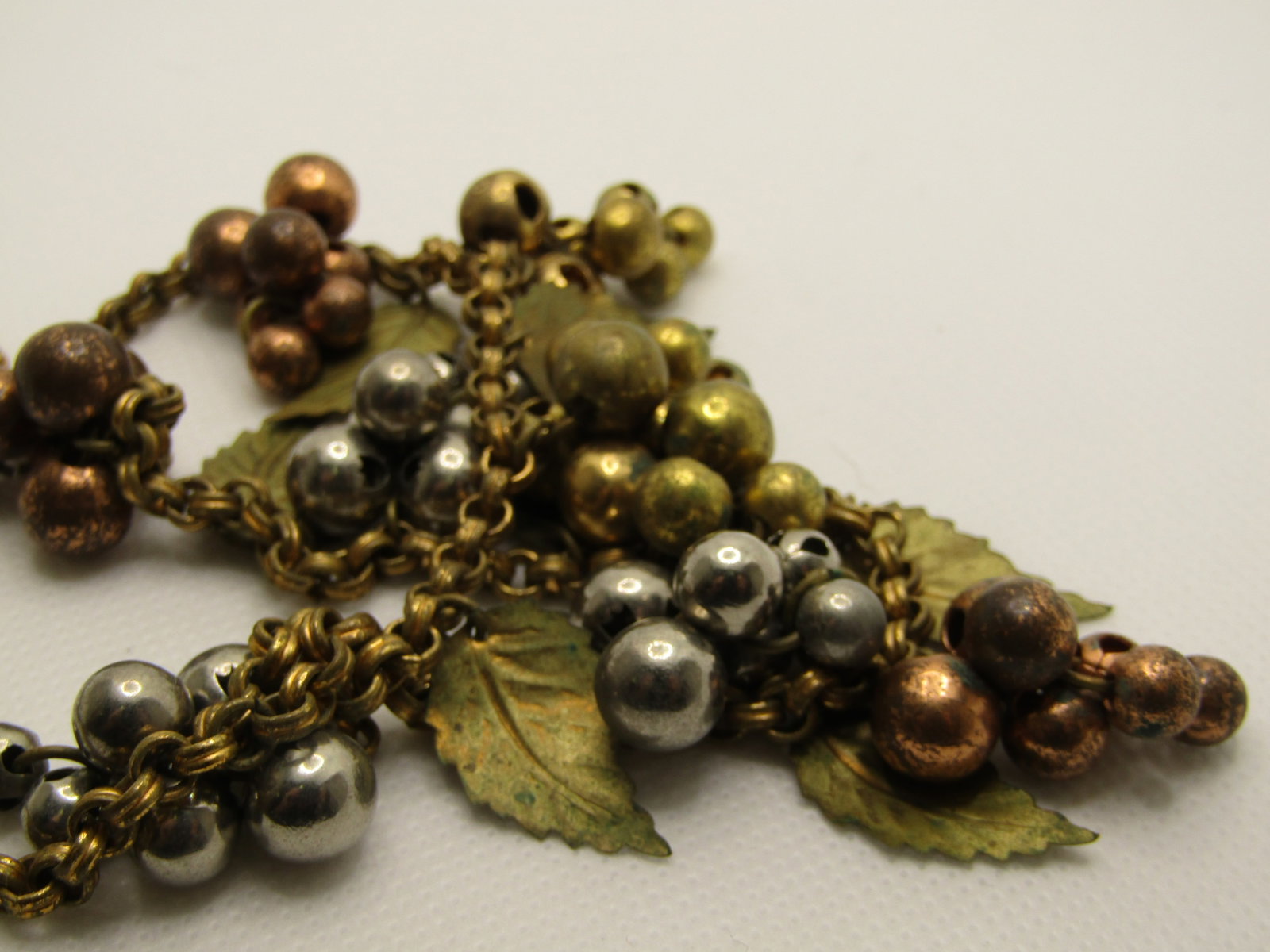 1940's Leaf and Cluster Beaded Drop Necklace, 15.75", Unsigned Miriam Haskell, Brass, Tri-Color - 8