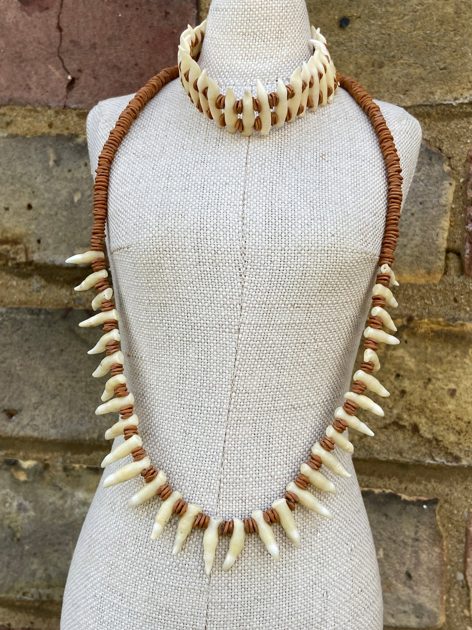 Vintage Tribal Necklace and Bracelet Set with Natural Animal Teeth - 18