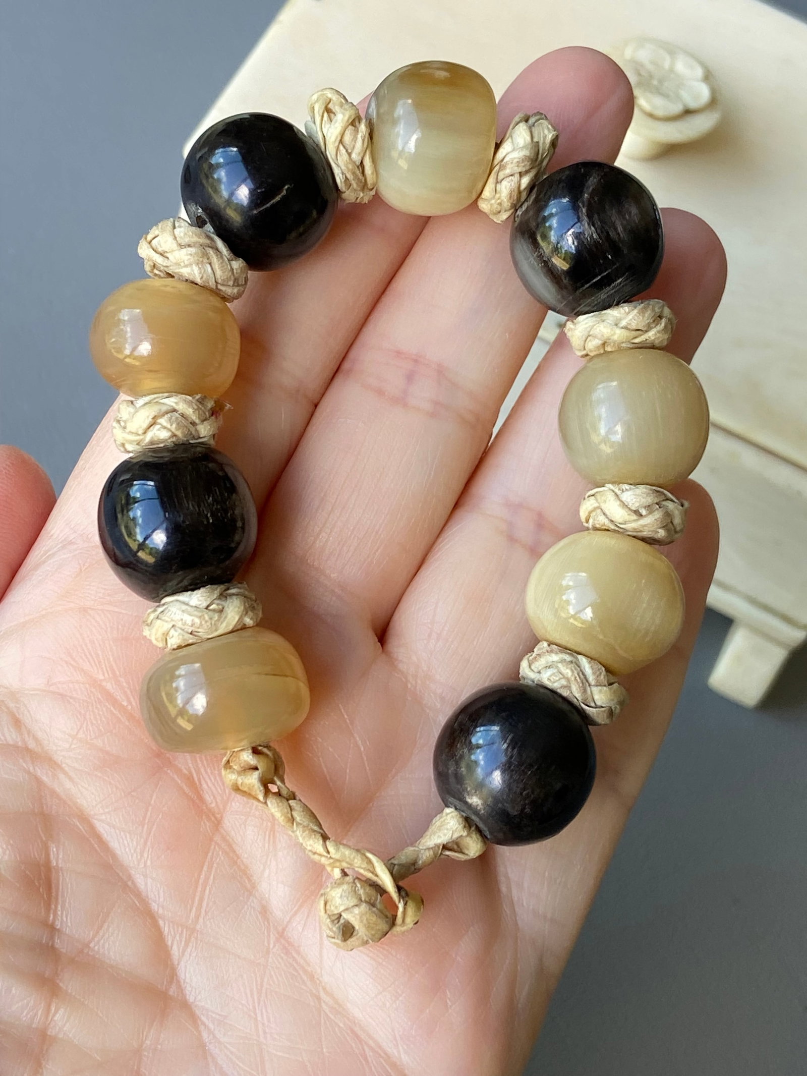Vintage Braided Leather Bracelet with Mixed Natural Horn Beads, 20cm - 2
