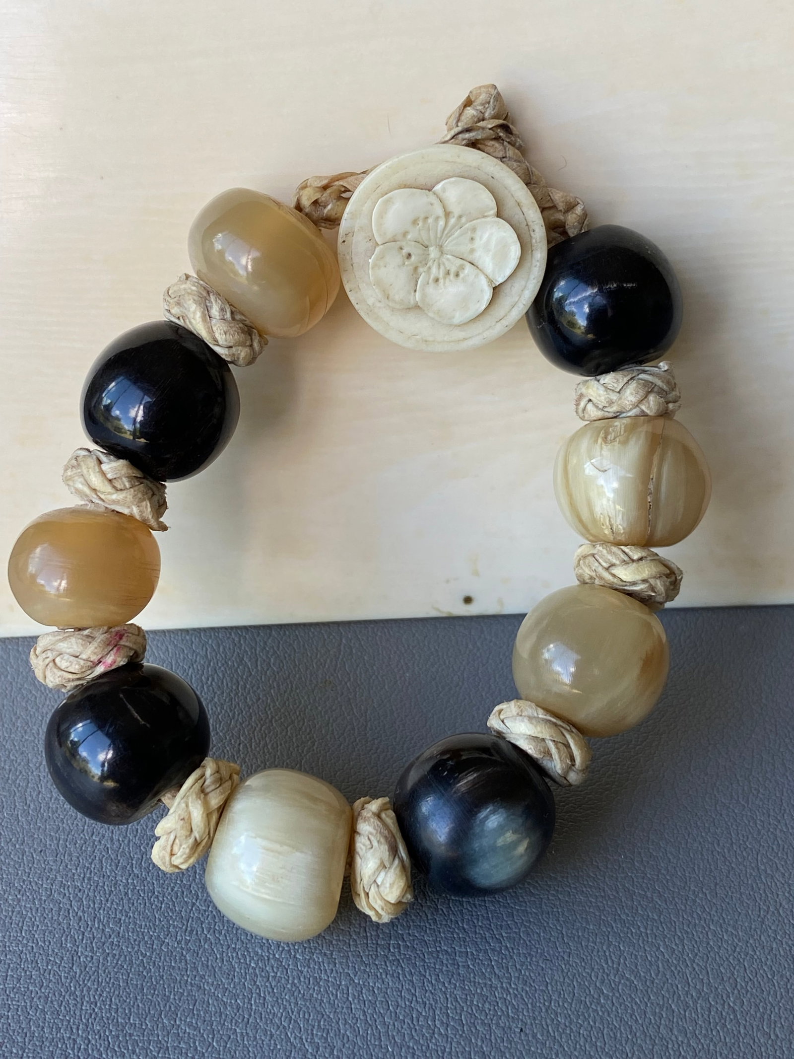 Vintage Braided Leather Bracelet with Mixed Natural Horn Beads, 20cm - 3