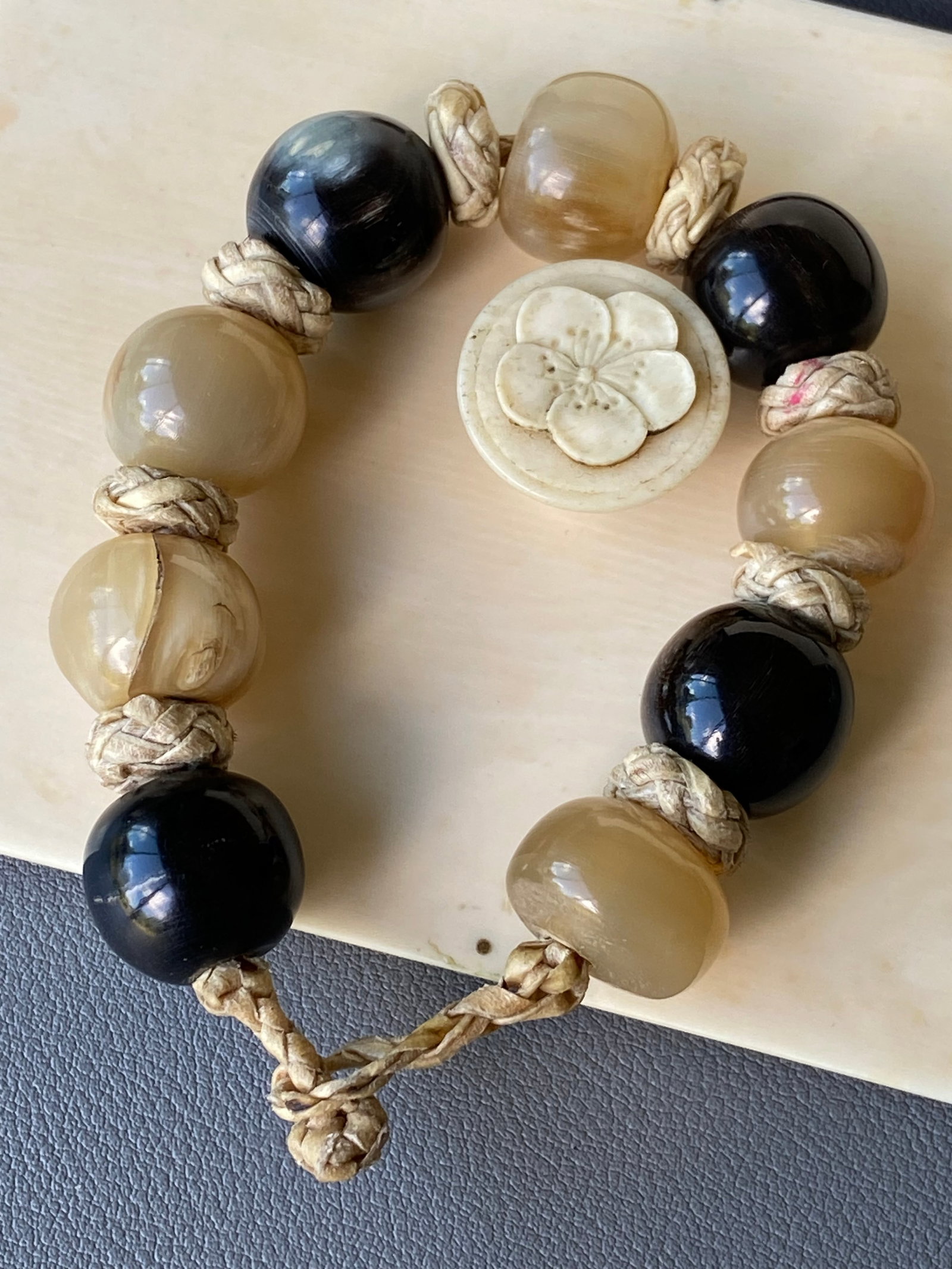 Vintage Braided Leather Bracelet with Mixed Natural Horn Beads, 20cm - 5