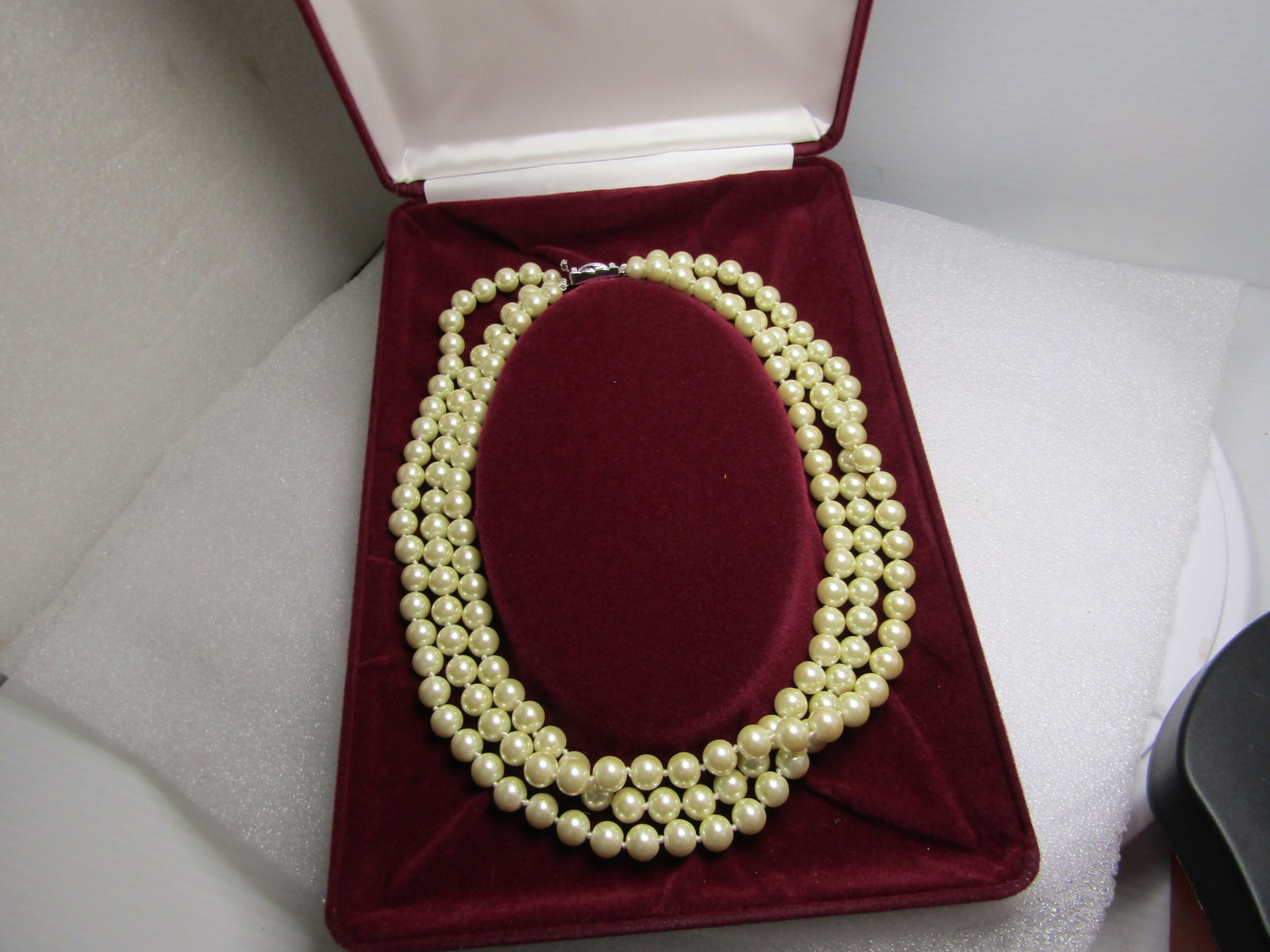 JBK Camrose and Kross Pearl Necklace, Triple Strand, Rhinestone Box Clasp, COA, 17", 1980's. - 2