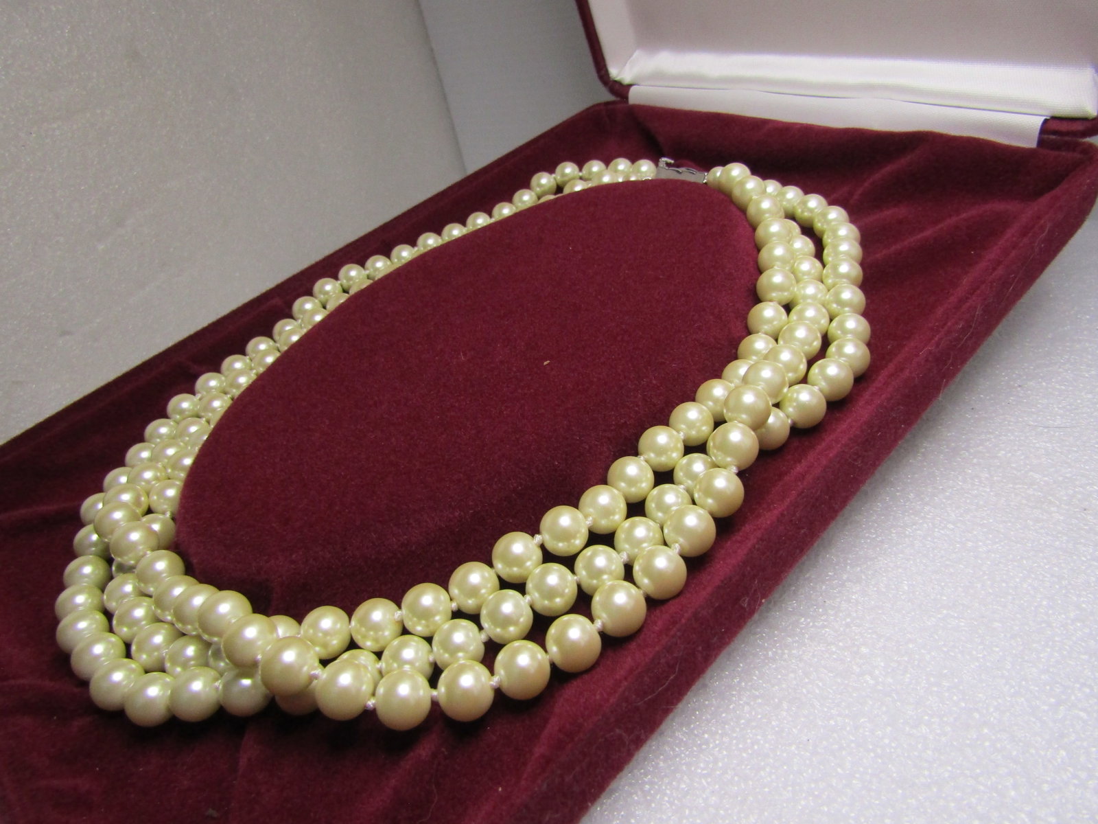JBK Camrose and Kross Pearl Necklace, Triple Strand, Rhinestone Box Clasp, COA, 17", 1980's. - 4