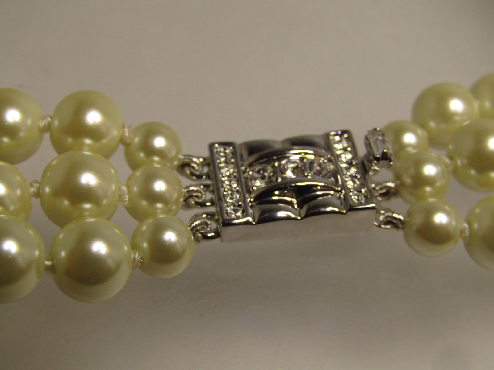 JBK Camrose and Kross Pearl Necklace, Triple Strand, Rhinestone Box Clasp, COA, 17", 1980's. - 5