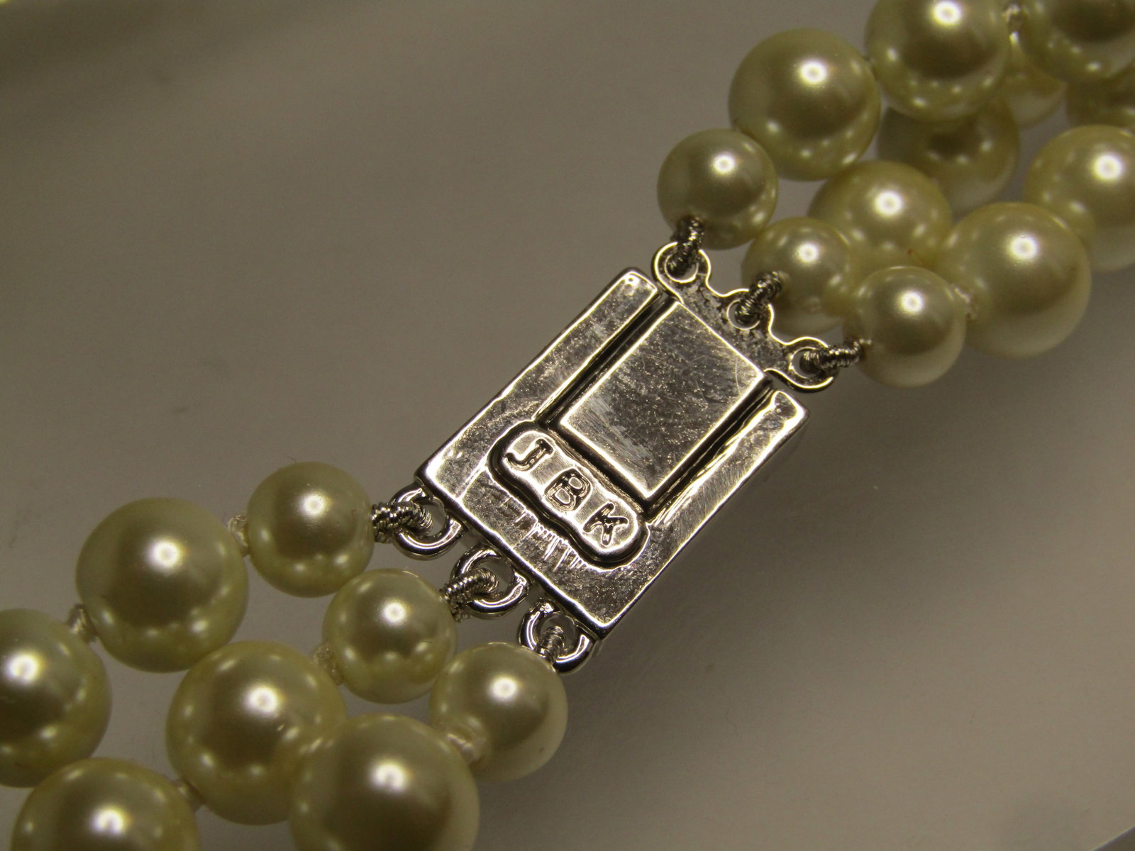 JBK Camrose and Kross Pearl Necklace, Triple Strand, Rhinestone Box Clasp, COA, 17", 1980's. - 6