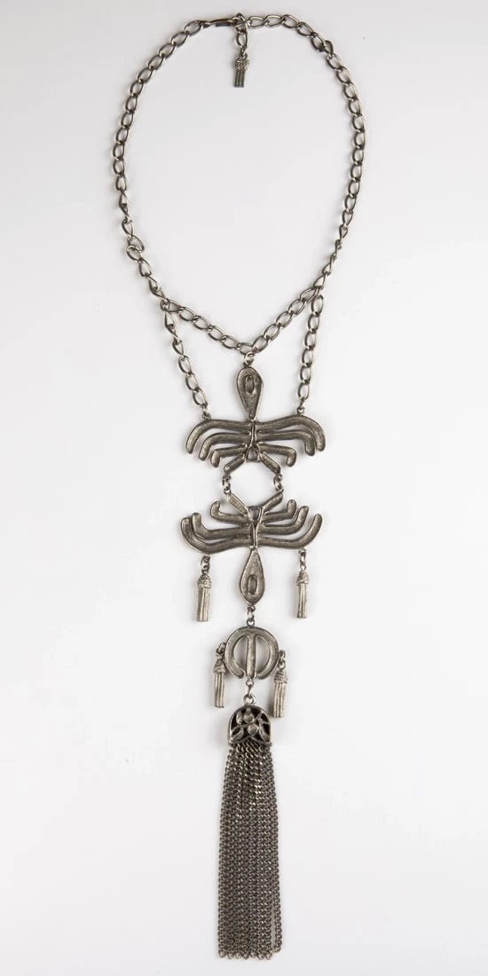 Runway Tribal Tassel Necklace: Title:Runway Tribal Tassel Necklace Description:Vintage, unsigned necklace. Circa 1970’s. Features unusual pendant and unique construction elements. Very Victorian style draping with lots of