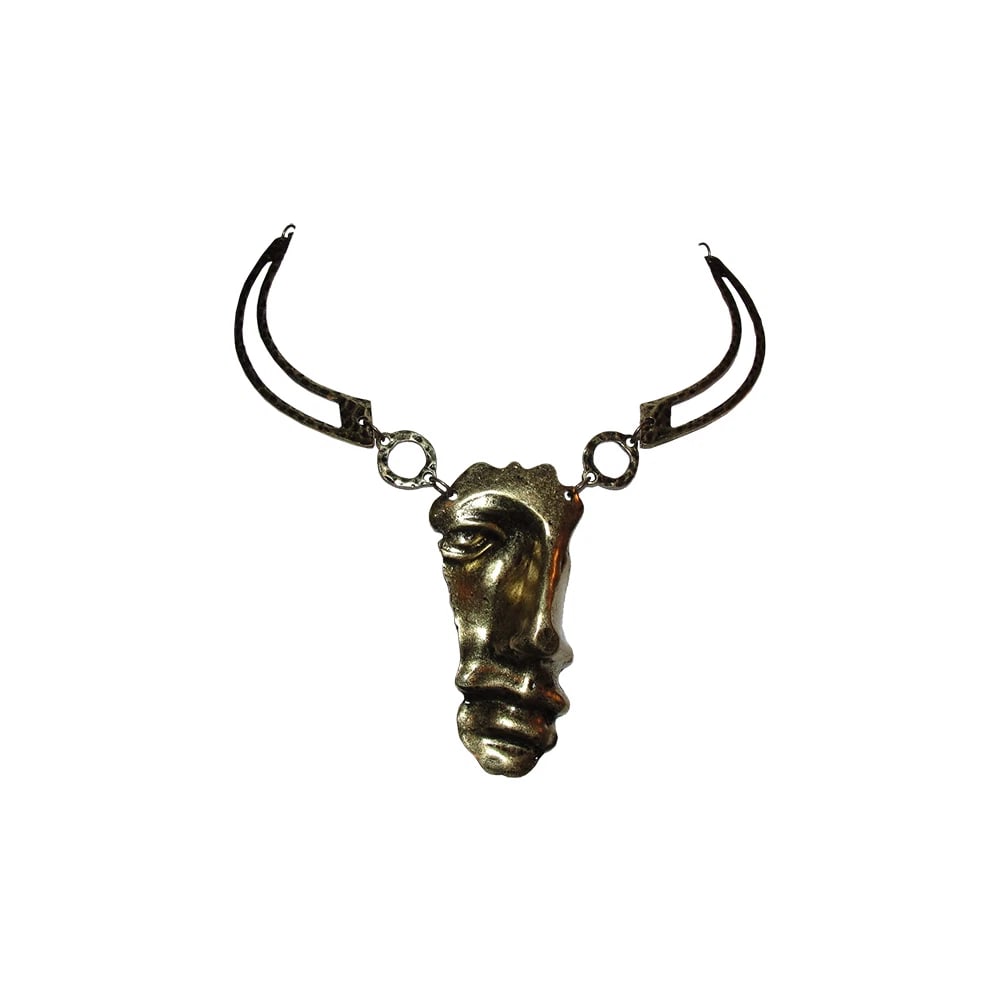 Abstract Brass Plated Figural Face Necklace: Title:Abstract Brass Plated Figural Face Necklace Description:Gorgeous statement necklace of abstract figural face necklace with metal links with a brass plating and patina. Face measures graduates