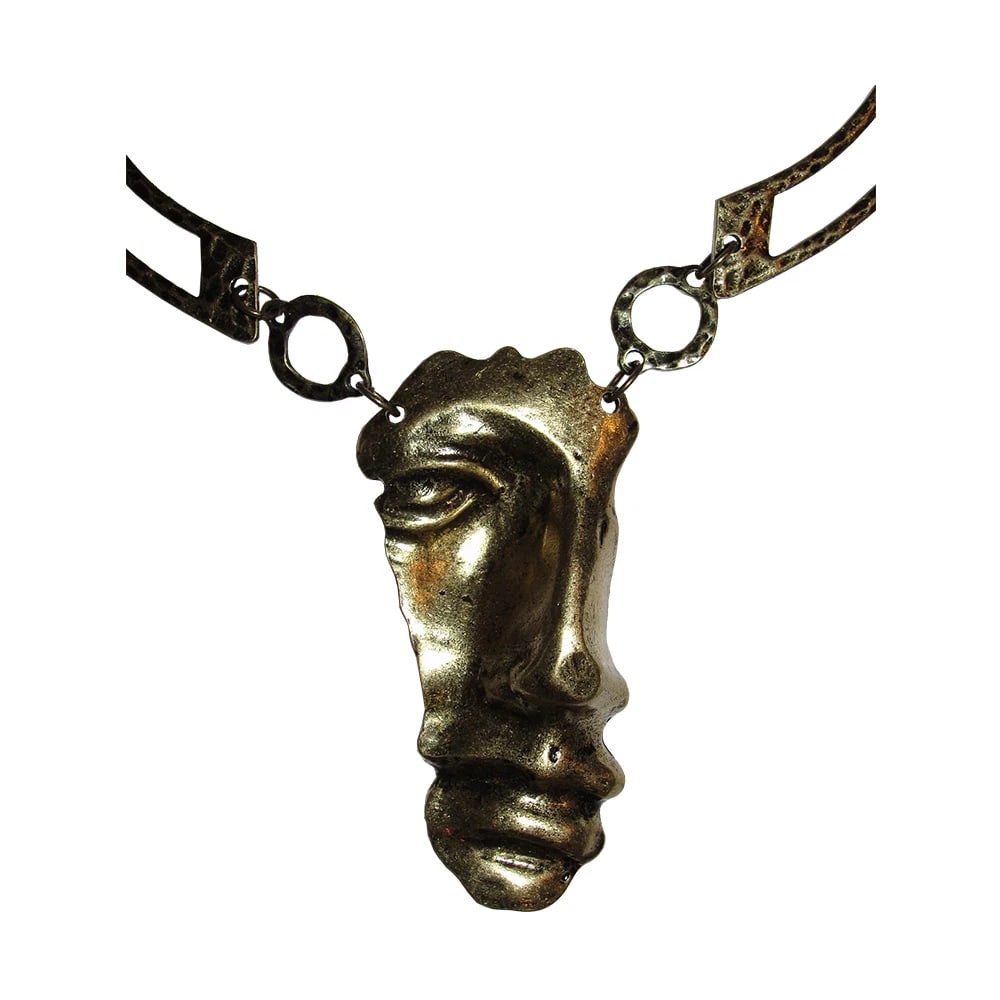 Abstract Brass Plated Figural Face Necklace - 4