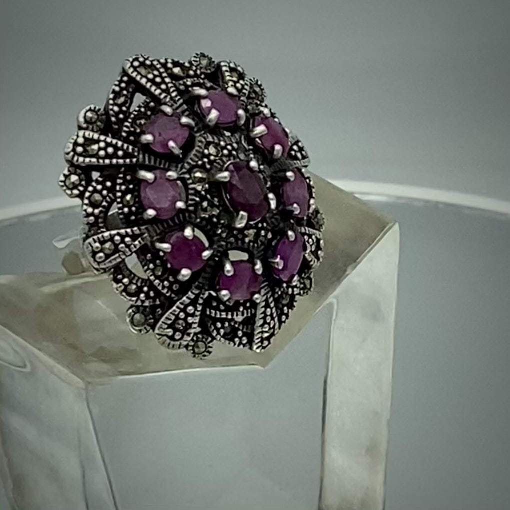 Ruby and Marcasite Sterling Cocktail Ring - 4
