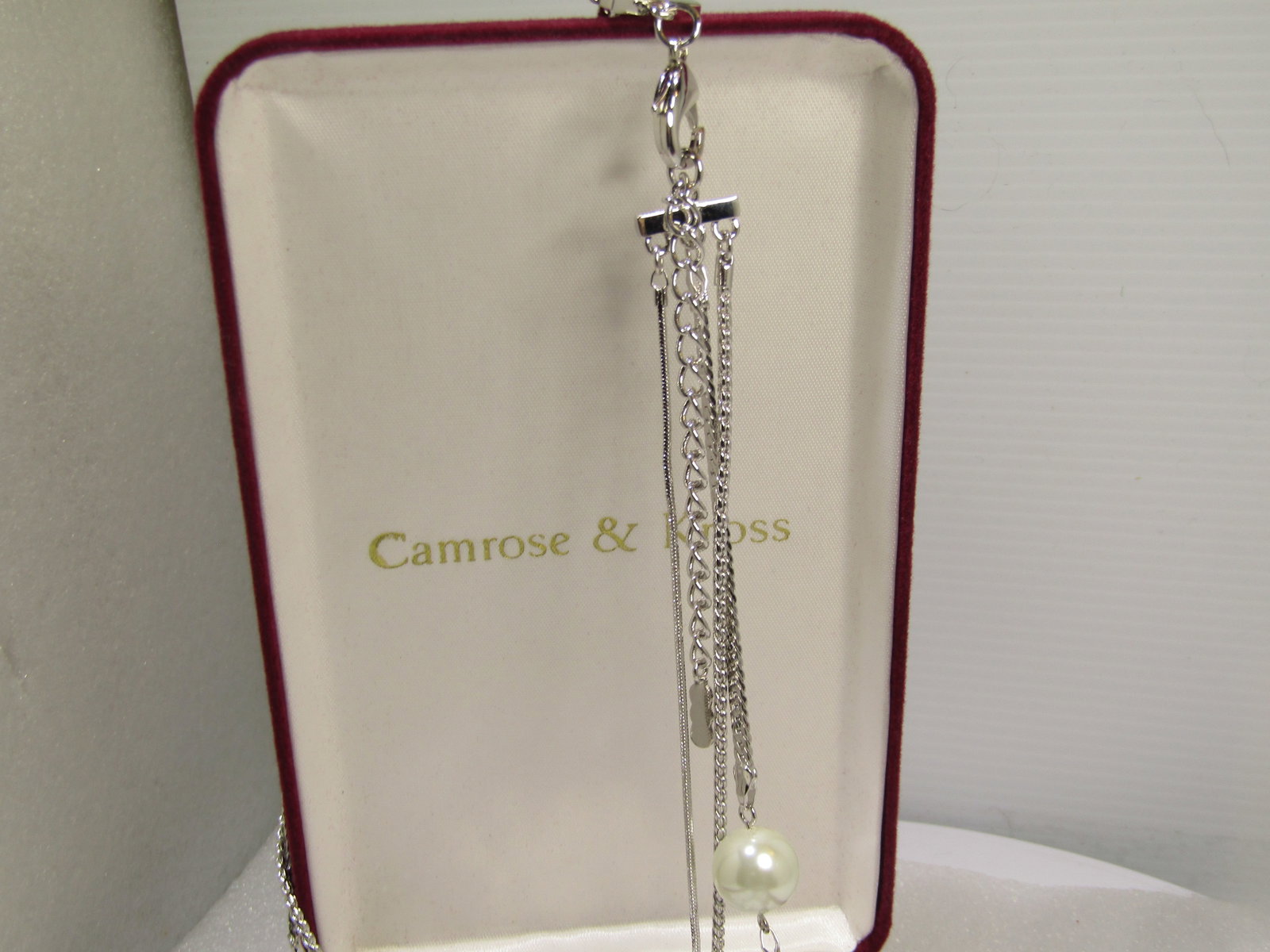 JBK Camrose and Kross Pearl Necklace, Triple Strand Necklace, Rhinestones, Cross, Too. 32"+ - 3