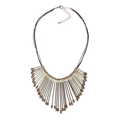 Gold Tone Bedouin Tribal Bib Dangle Fringe Necklace: Title:Gold Tone Bedouin Tribal Bib Dangle Fringe Necklace Description:Row of flattened nails of different length on leather and snake chains. Necklace measures, 17 1/2? long, with a 3 long extender.