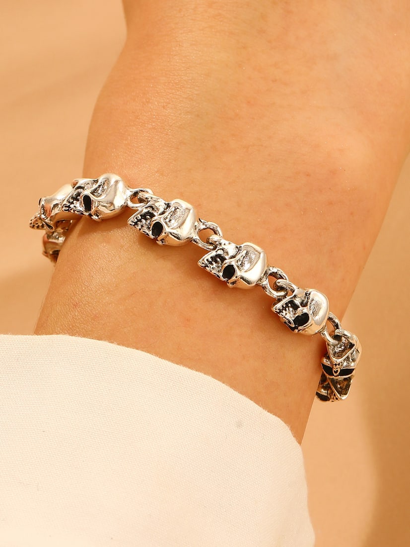 Titanium Steel Skull Bracelet - 14 Skull Beads, Gothic Punk Jewelry (1 of 7)
