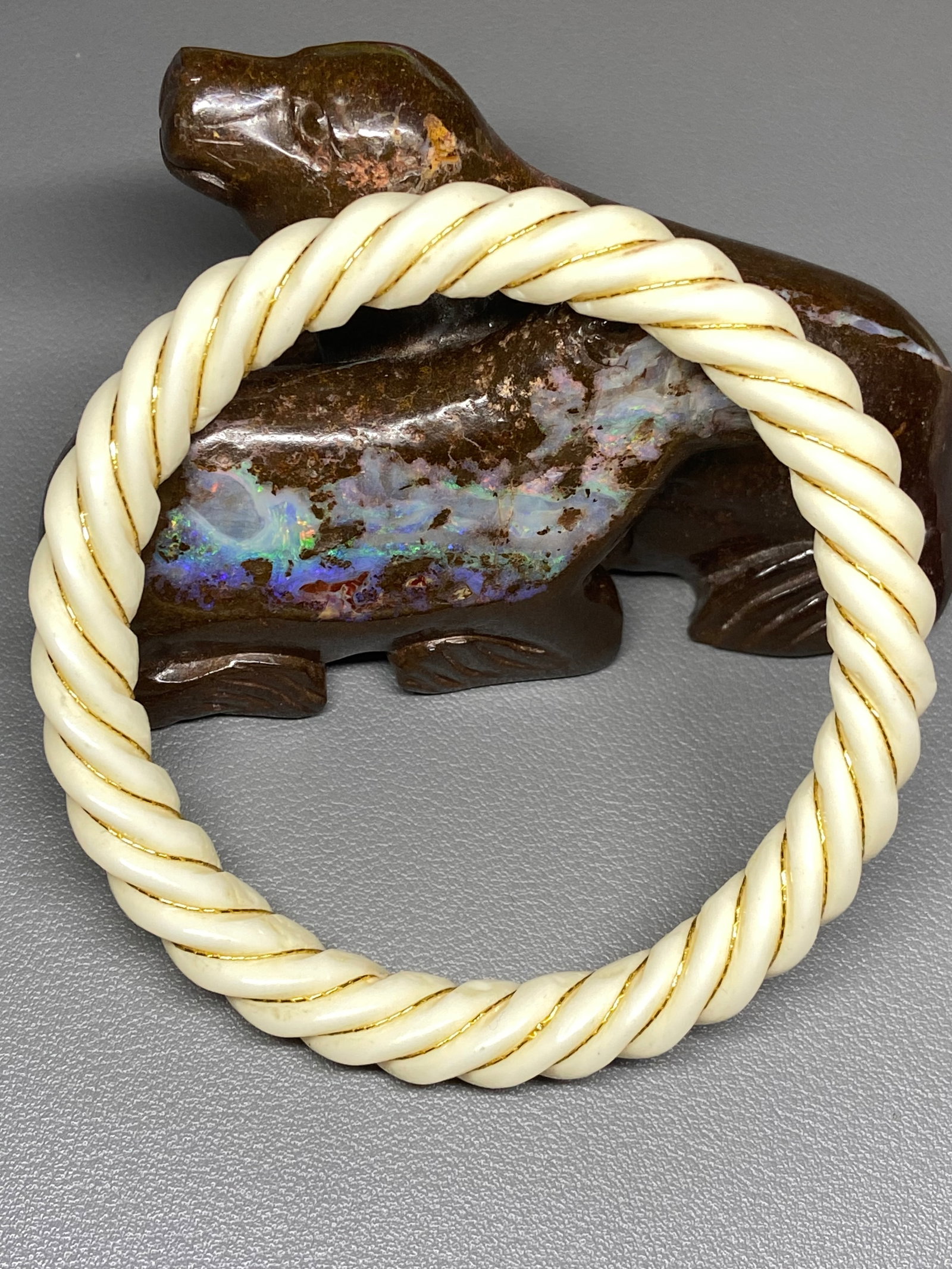 Vintage 14ct Gold Carved Bone Rope Bangle Twisted Spiral Bangle - 12