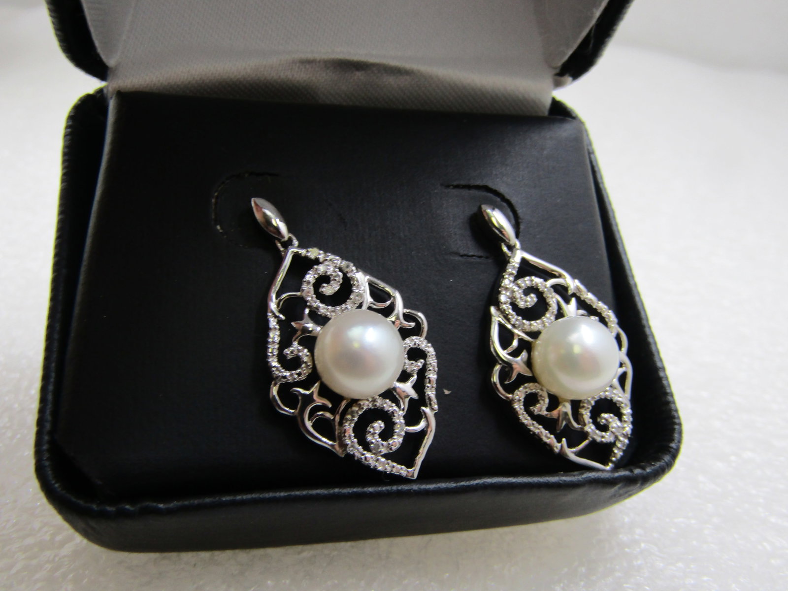 Sterling Pearl and Diamond Filigree Drop Earrings, Pierced. 8mm, .10 ctw - 2