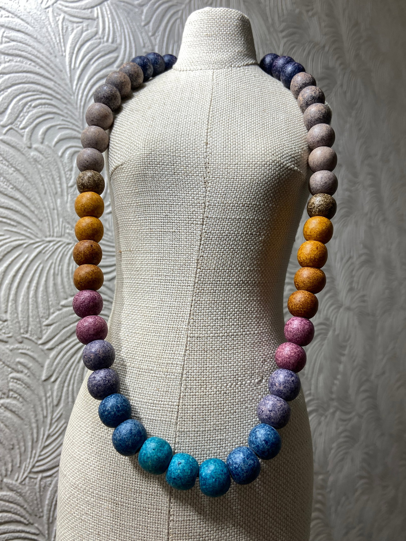 Aegean Sunset Multicolour Clay Ombre Bead Necklace: Title: Aegean Sunset Multicolour Clay Ombre Bead Necklace Description:Handmade in Athens, this vibrant necklace celebrates the rich spectrum of Mediterranean colour. Each smooth clay bead is individua