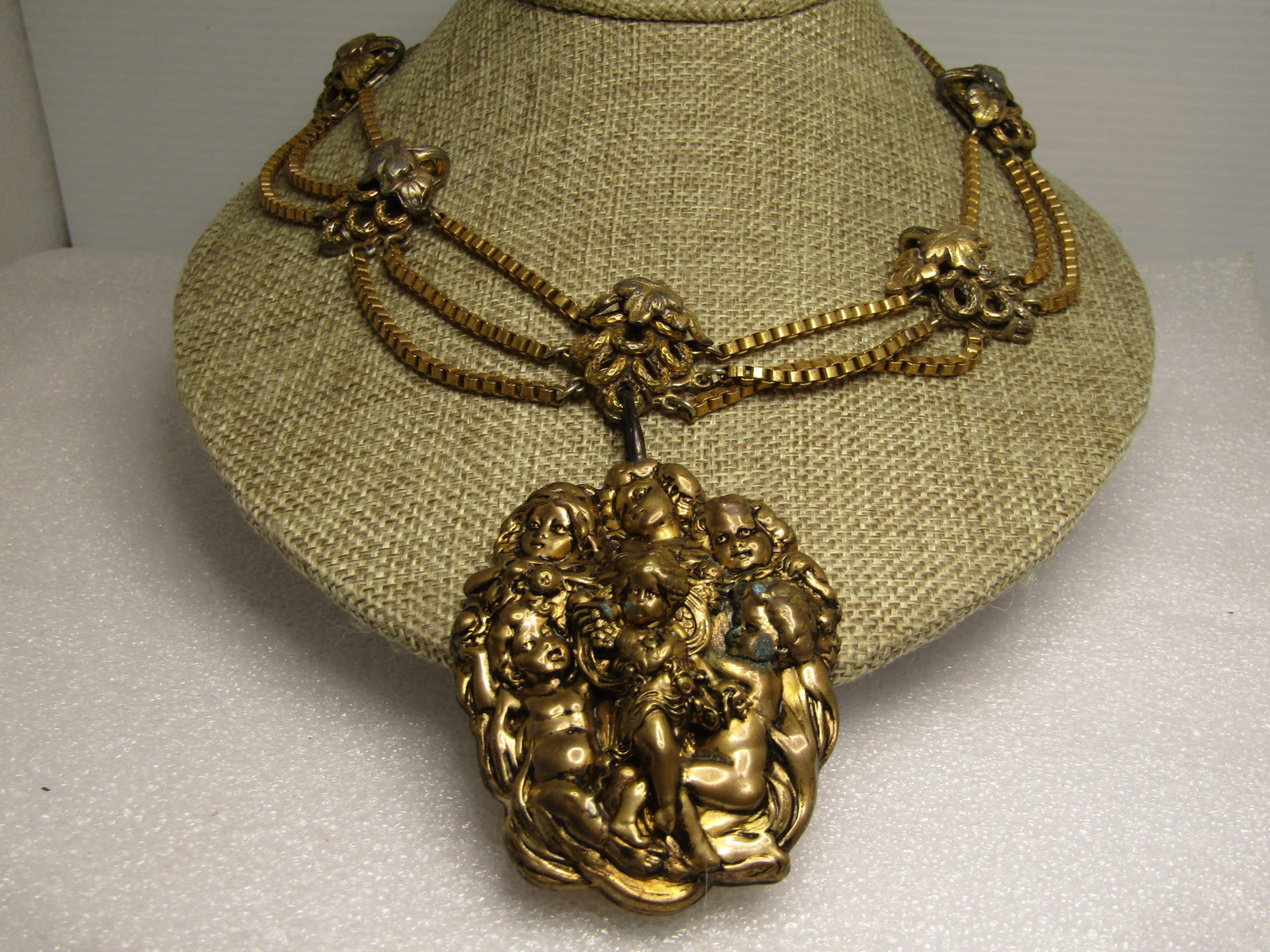 Vintage Triple Strand Cherub Pendant and Grape Cluster Necklace, Retro Perid, 1930's-1940's, 16" (1 of 8)