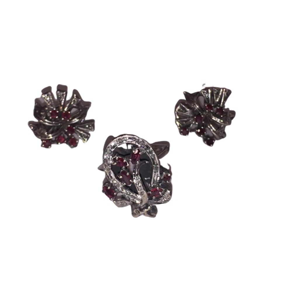 Art Deco Mexican Palladium Sterling Ruby and Diamond Earrings and Ring Set (1 of 10)