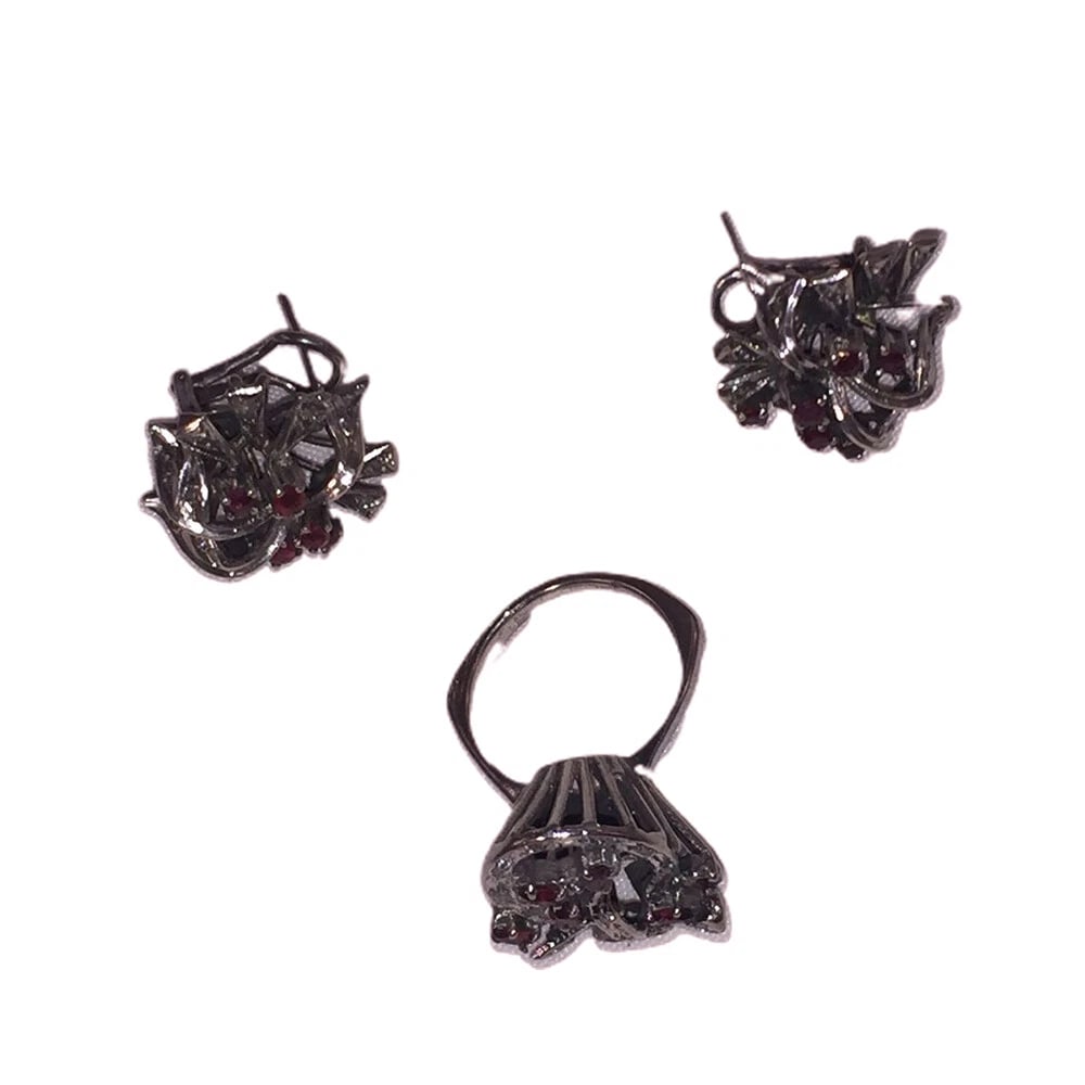 Art Deco Mexican Palladium Sterling Ruby and Diamond Earrings and Ring Set - 3