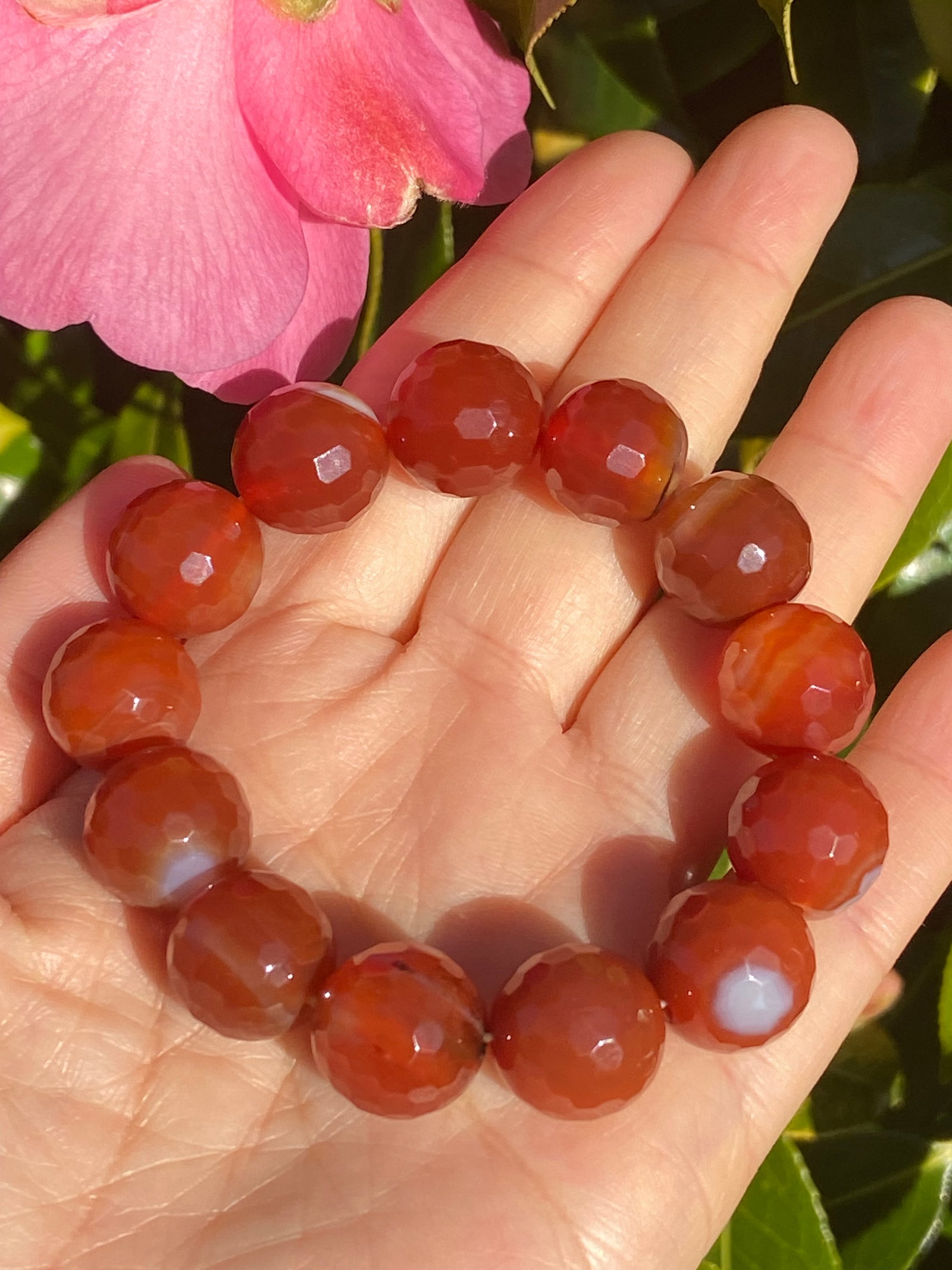 14mm Faceted Natural Carnelian Bead Bracelet - 10