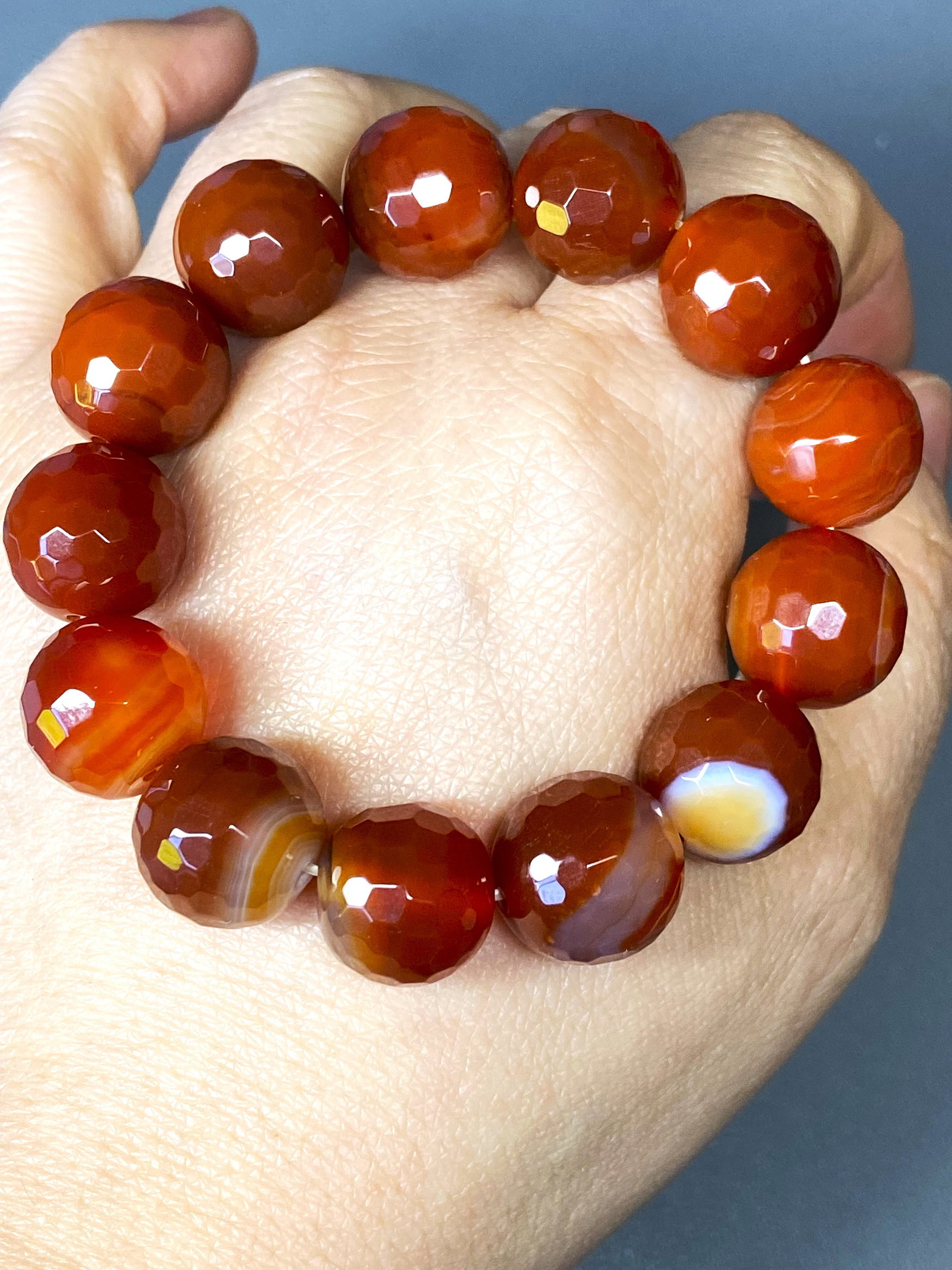 14mm Faceted Natural Carnelian Bead Bracelet - 2