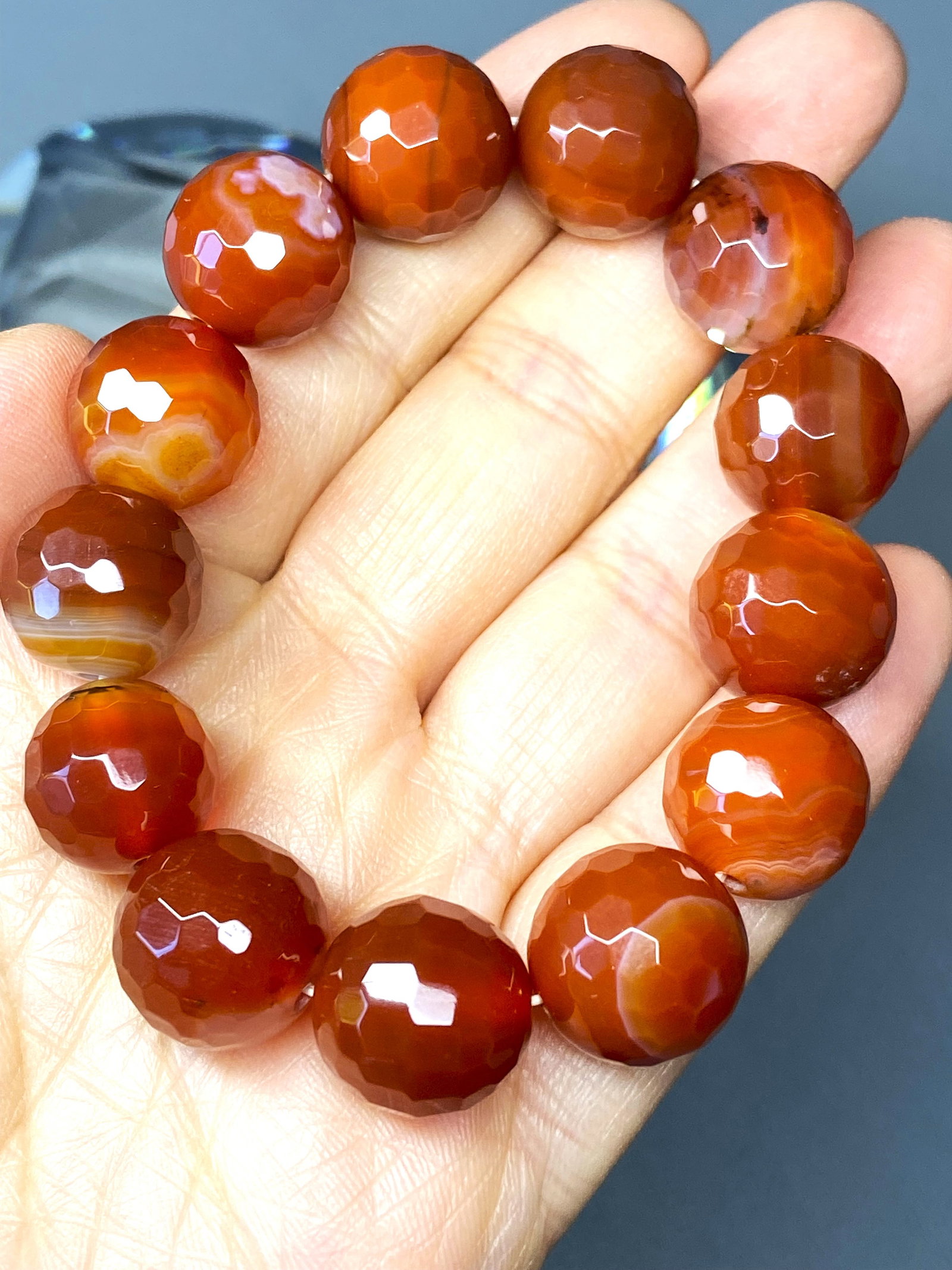 14mm Faceted Natural Carnelian Bead Bracelet - 5