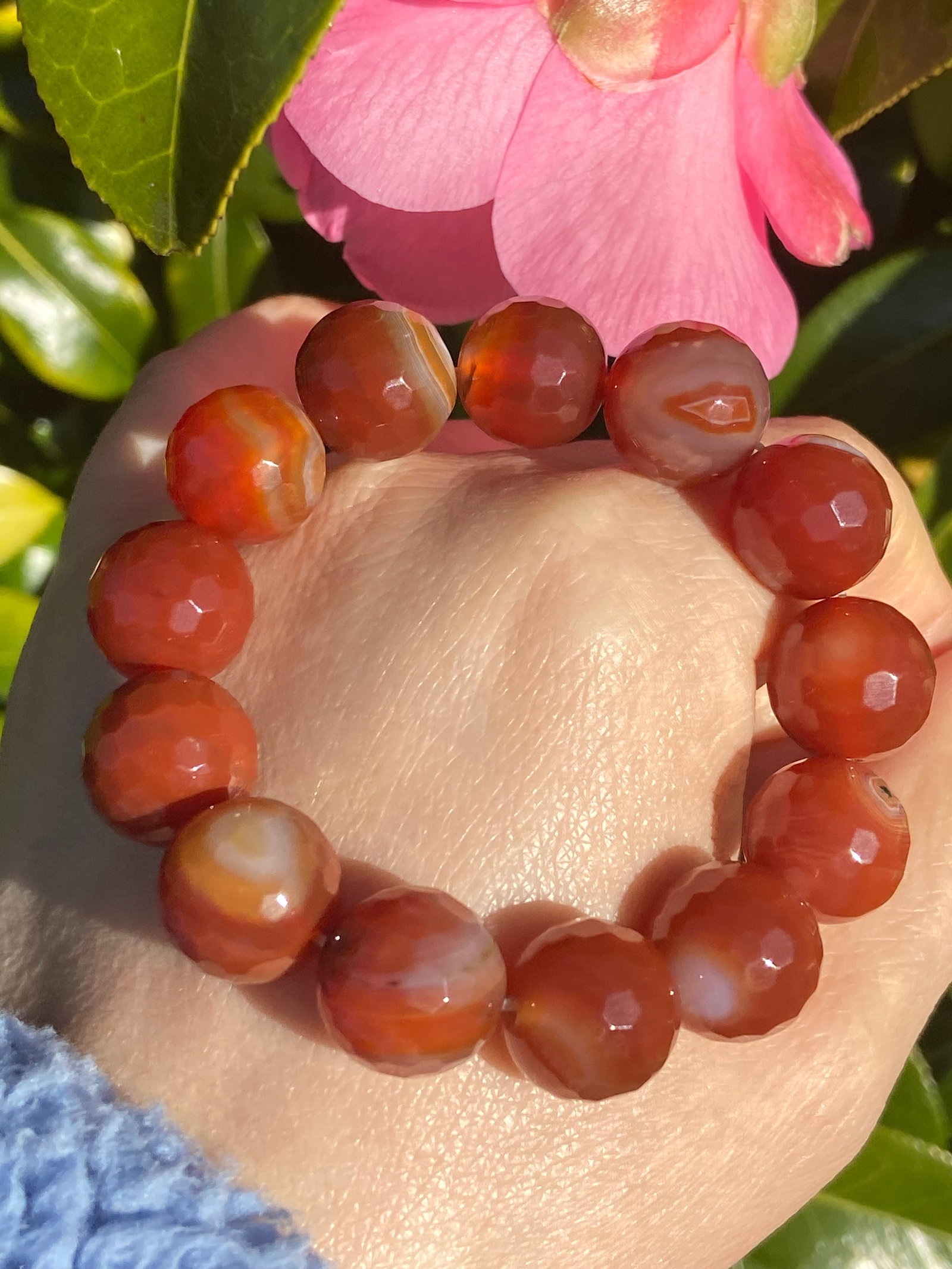 14mm Faceted Natural Carnelian Bead Bracelet - 8