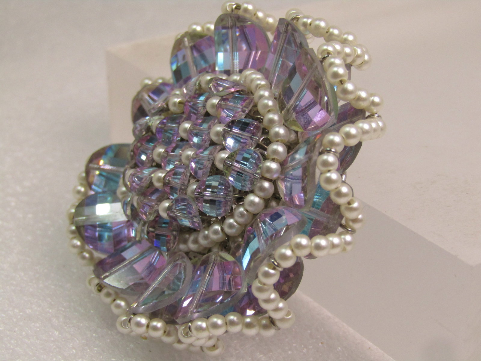 Vintage Vendome Aurora Borealis Ruffle Brooch, Faux Pearls, 1960's - 2