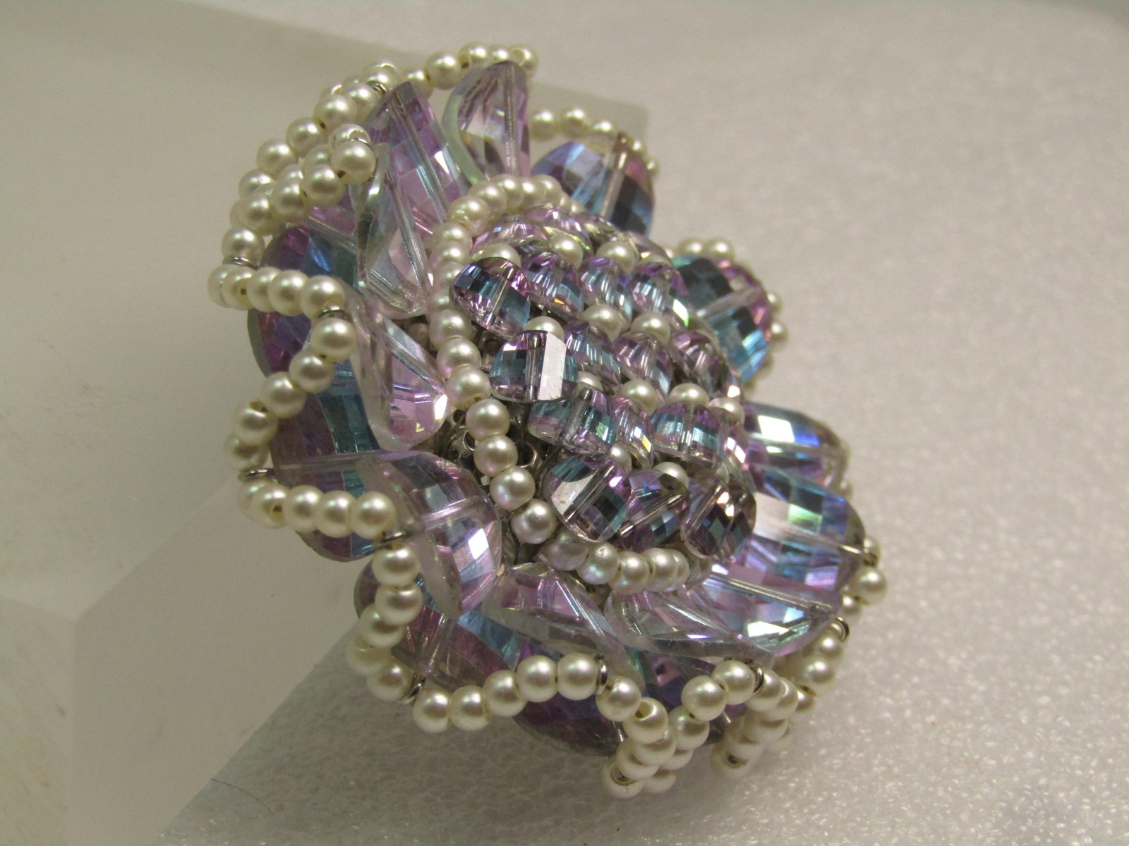 Vintage Vendome Aurora Borealis Ruffle Brooch, Faux Pearls, 1960's - 3