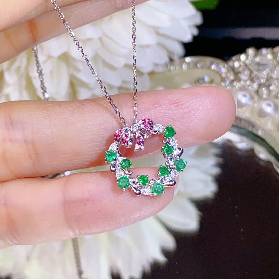 14K GOLD 0.8 CT VIVID GREEN NATURAL EMERALD and DIAMOND NECKLACE - 2