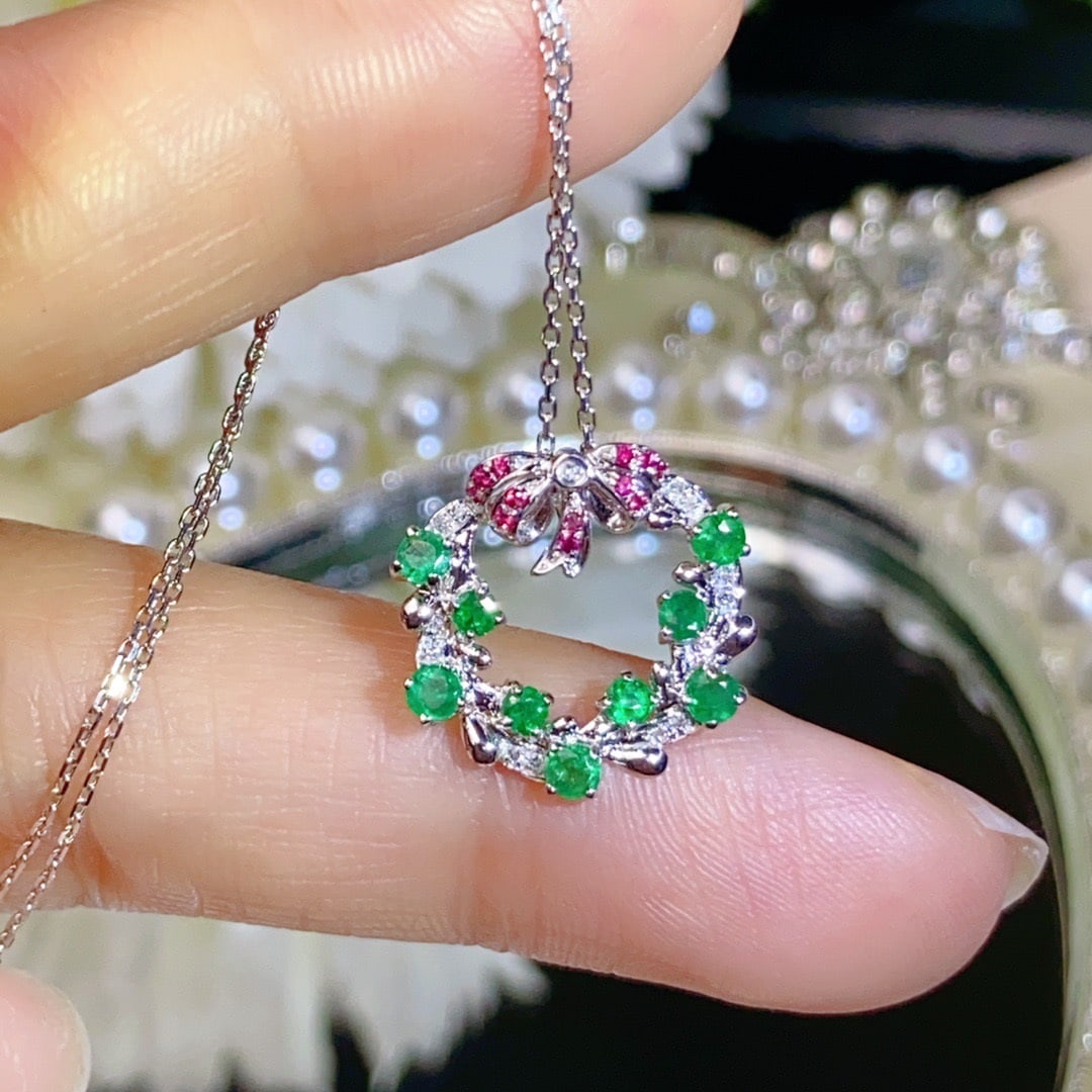 14K GOLD 0.8 CT VIVID GREEN NATURAL EMERALD and DIAMOND NECKLACE - 4