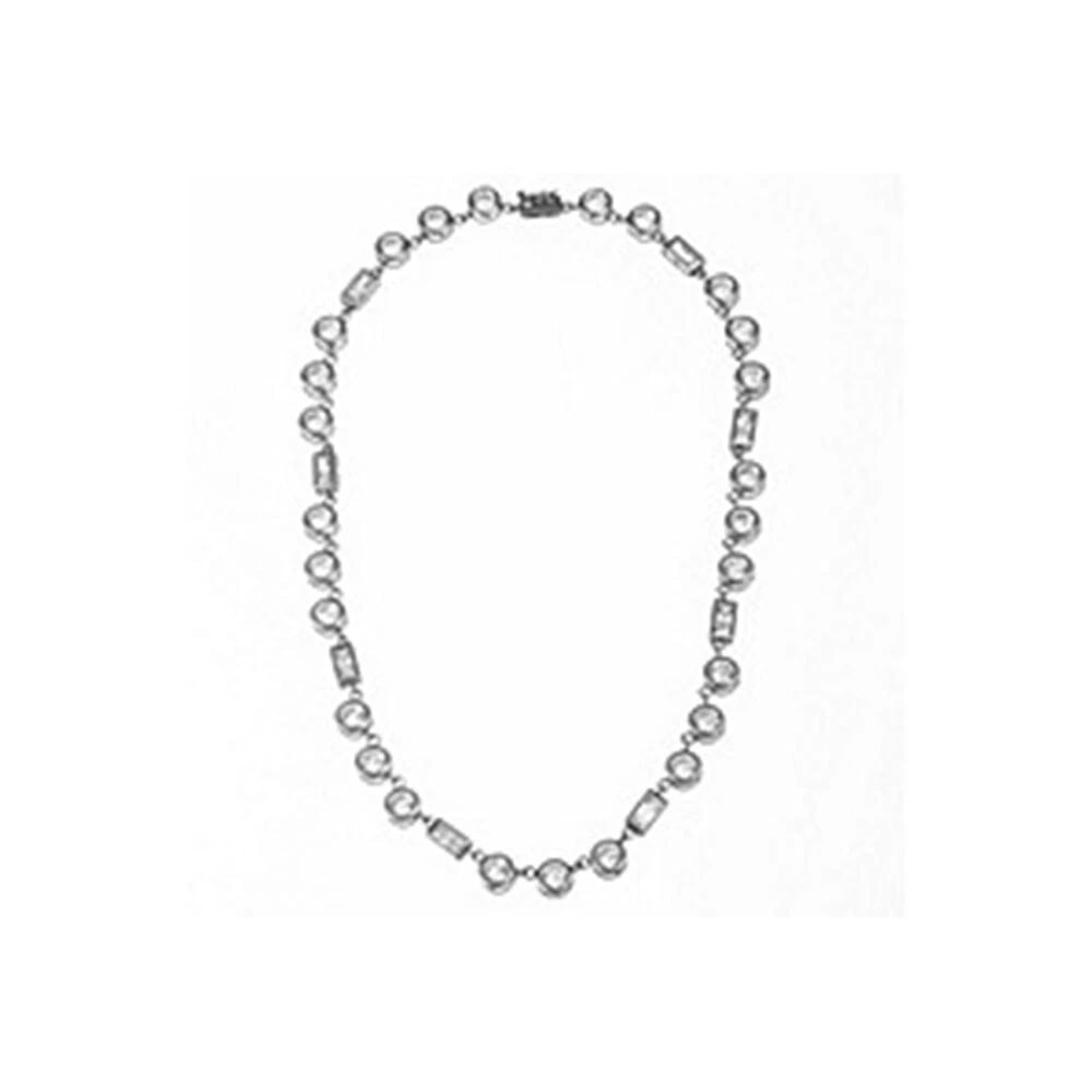 Round and Baguette Bezel Set CZ Eternity: Title:Round and Baguette Bezel Set CZ Eternity Description:Bezel set round and baguette cubic zirconia eternity necklace…. Circa, 1970’s…. Necklace measures 17” long…. Round cubic