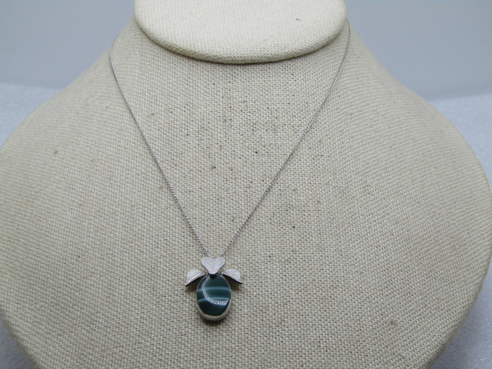Vintage 14kt and Sterling Leaf Necklace, Banded Stone, 1960's-1970's, Signed VanDell, 14.5" (1 of 7)