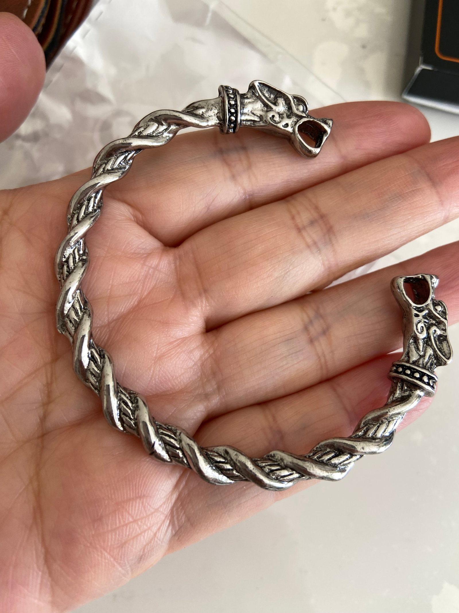 Vintage Double Dragon Head Bangle - Braided Titanium Steel - 3