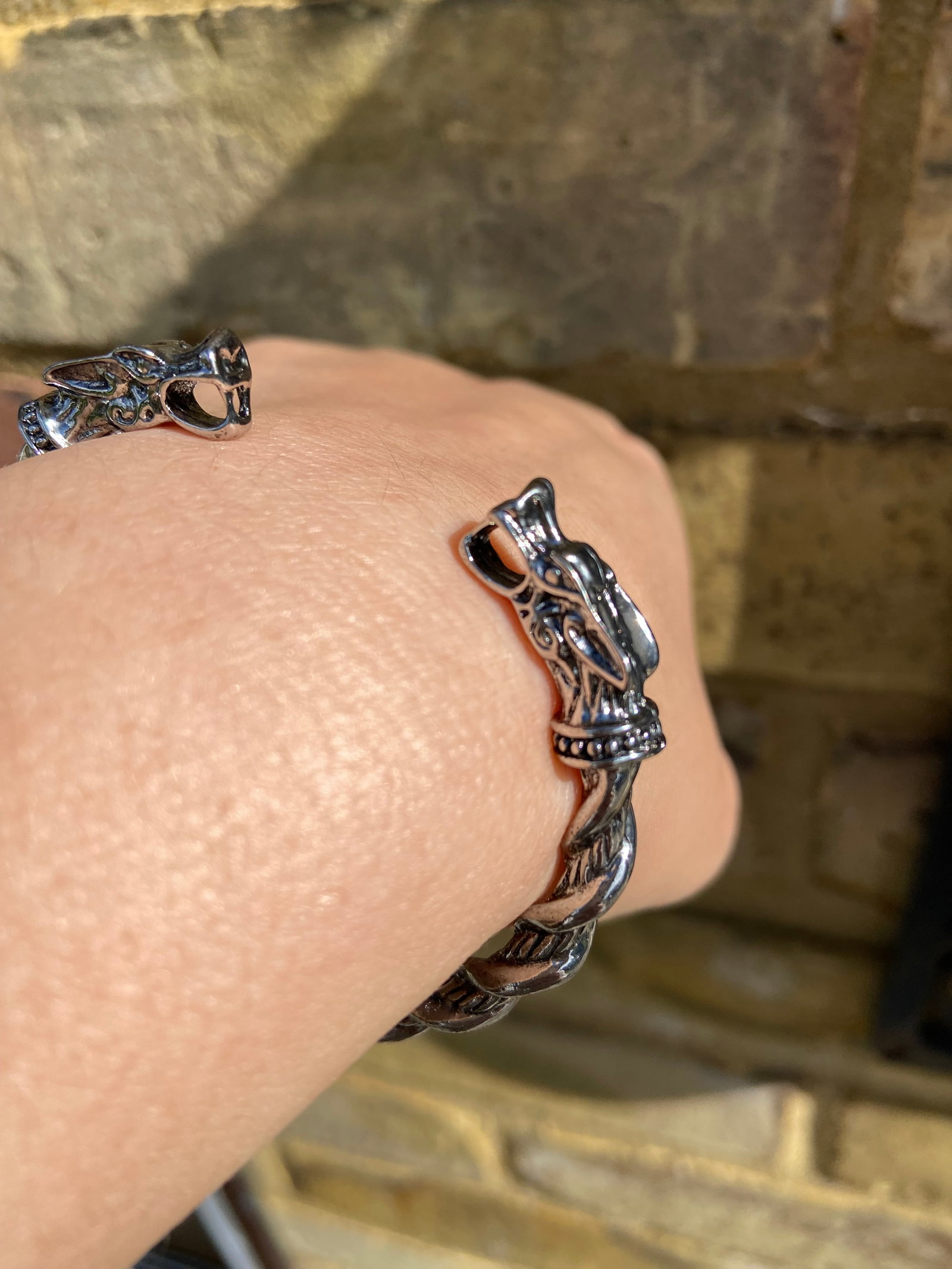 Vintage Double Dragon Head Bangle - Braided Titanium Steel - 5
