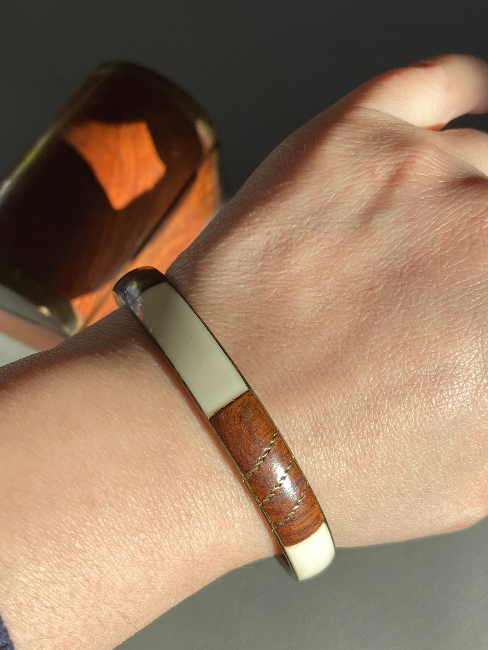 Vintage Rosewood Inlay Brass Bangle - 2