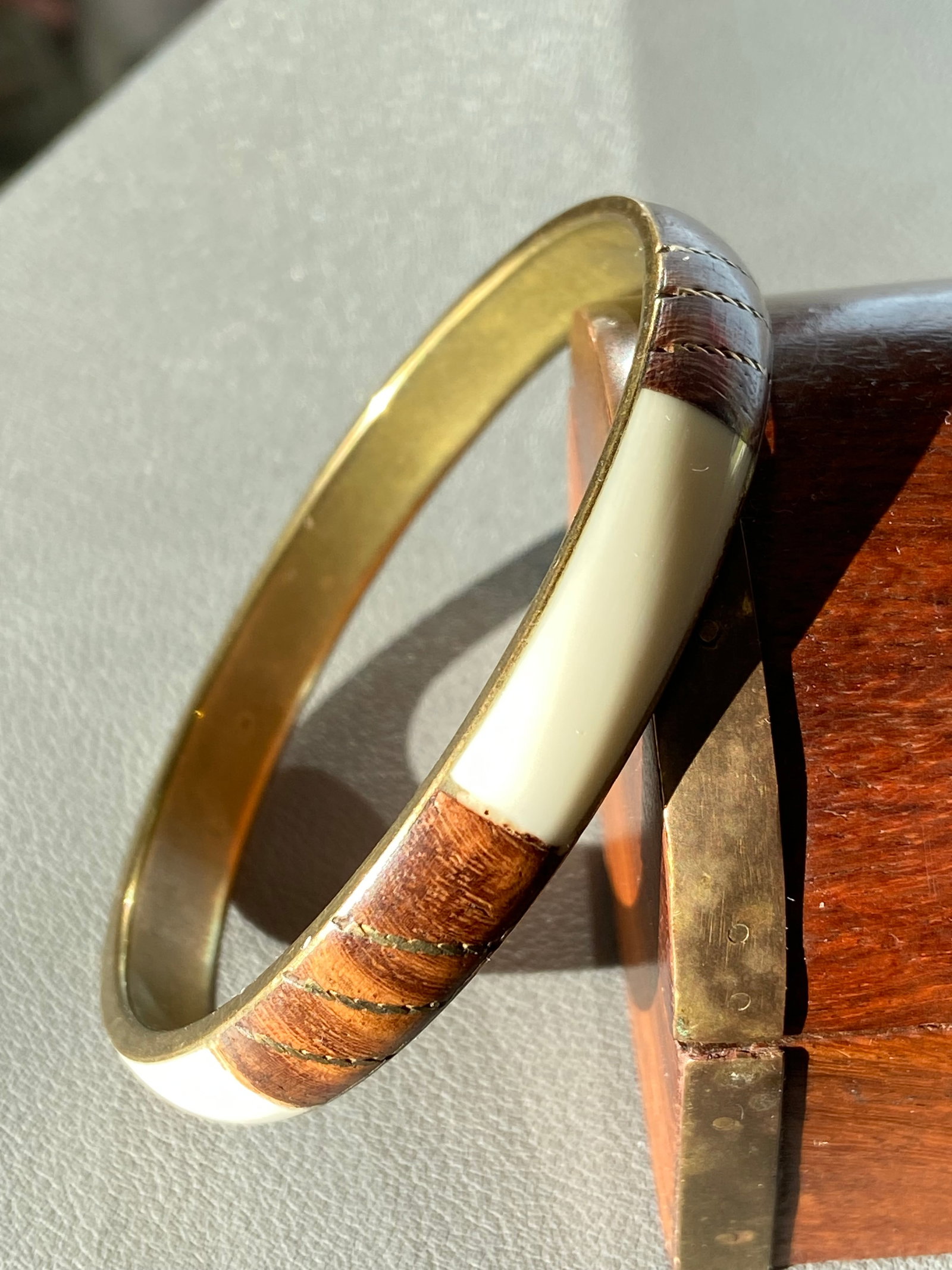 Vintage Rosewood Inlay Brass Bangle - 3