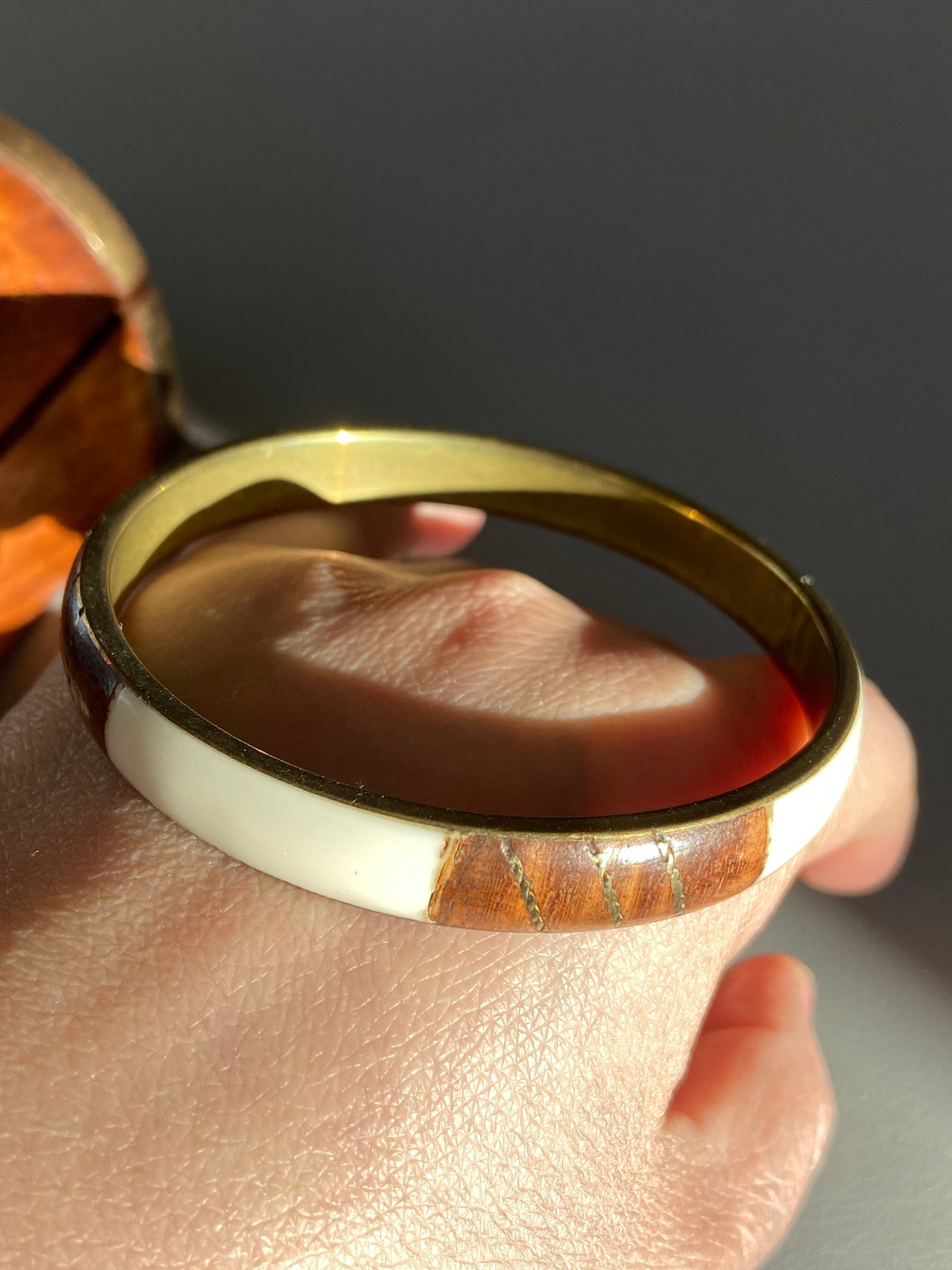 Vintage Rosewood Inlay Brass Bangle - 4