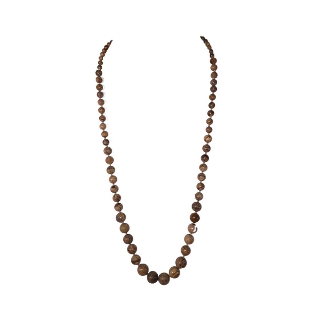 Picture Jasper Graduated Bead Necklace: Title:Picture Jasper Graduated Bead Necklace Description:Picture Jasper Graduated Bead Necklace, Circa 1980's. Necklace is 32" long and 1/2" wide. Beads graduate from 14 mm's to 5 mm's diameter.