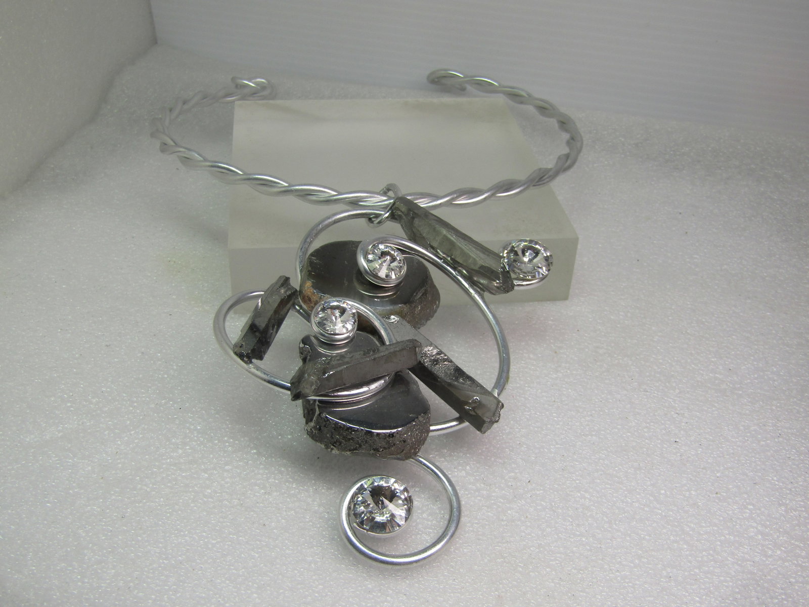 Vintage Jeff Lieb Twisted Collar Art/Mod/Abstract Necklace, 15", Pyrite, Crystals, 1970's-1990's - 5