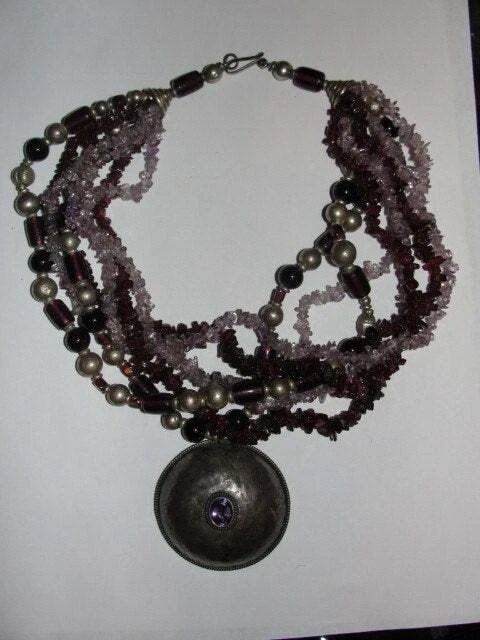 Sterling Silver Amethyst Pendant with Glass Amethyst Garnet Bead Necklace - 3