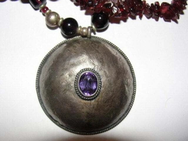 Sterling Silver Amethyst Pendant with Glass Amethyst Garnet Bead Necklace - 4