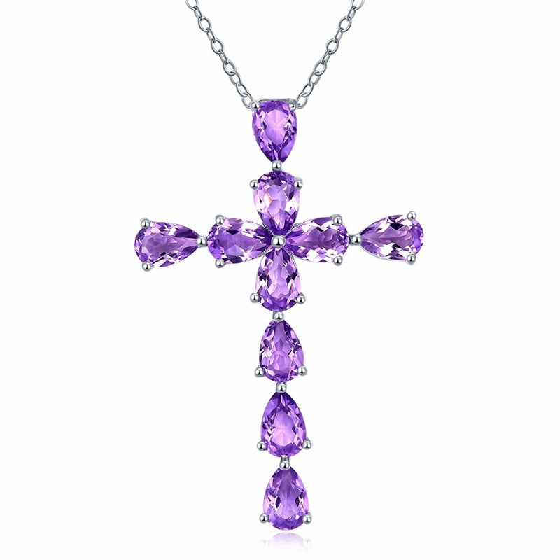 18K White Gold Plated Amethyst Cross Pendant Necklace: Title: 18K White Gold Plated Amethyst Cross Pendant Necklace Description:A finely crafted cross pendant necklace featuring ten teardrop-shaped amethyst crystals, gracefully set in a 18K white gold