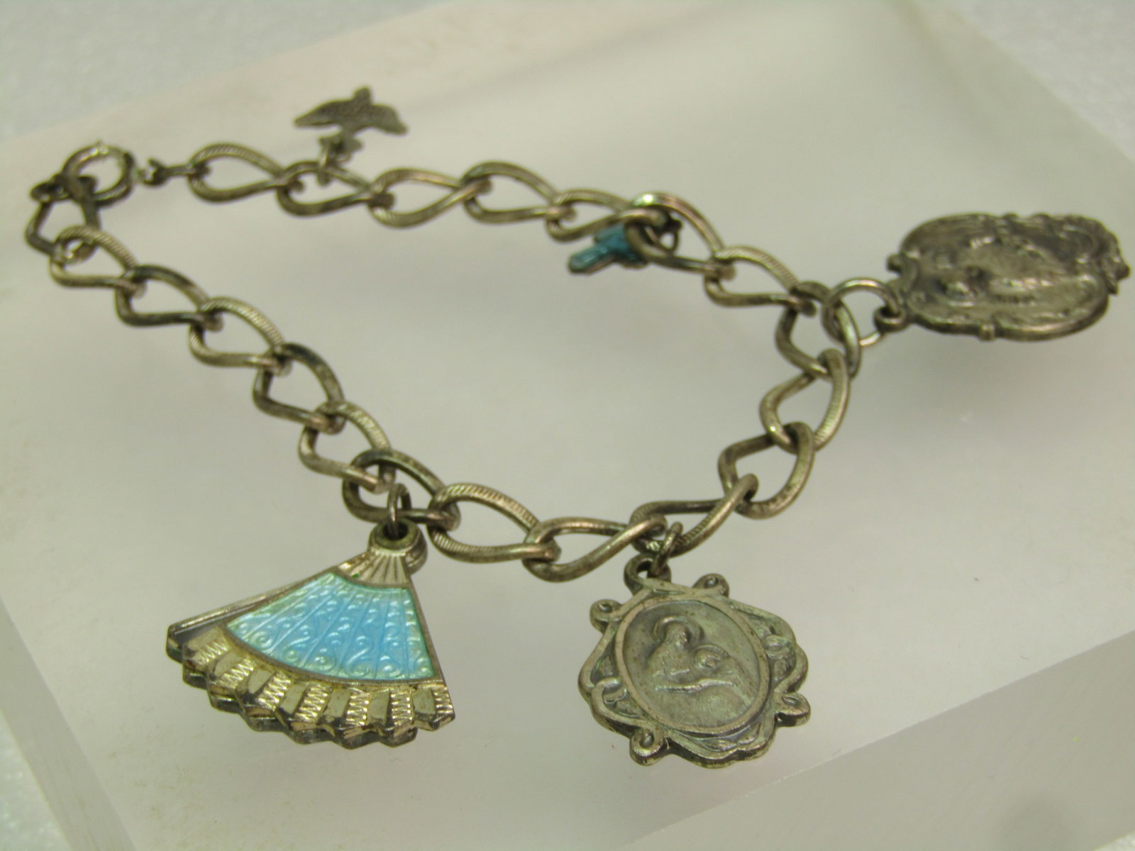 Vintage Sterling Catholic Medals Charm Bracelet, Some Guilloche, 7", Mid-Century (1 of 5)