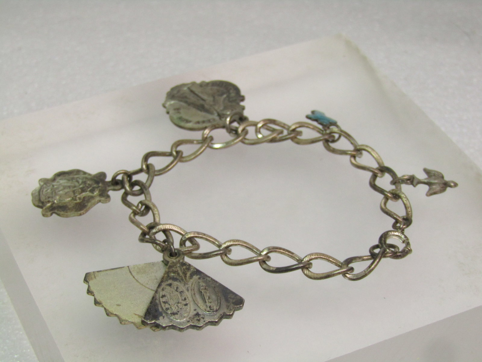 Vintage Sterling Catholic Medals Charm Bracelet, Some Guilloche, 7", Mid-Century - 2