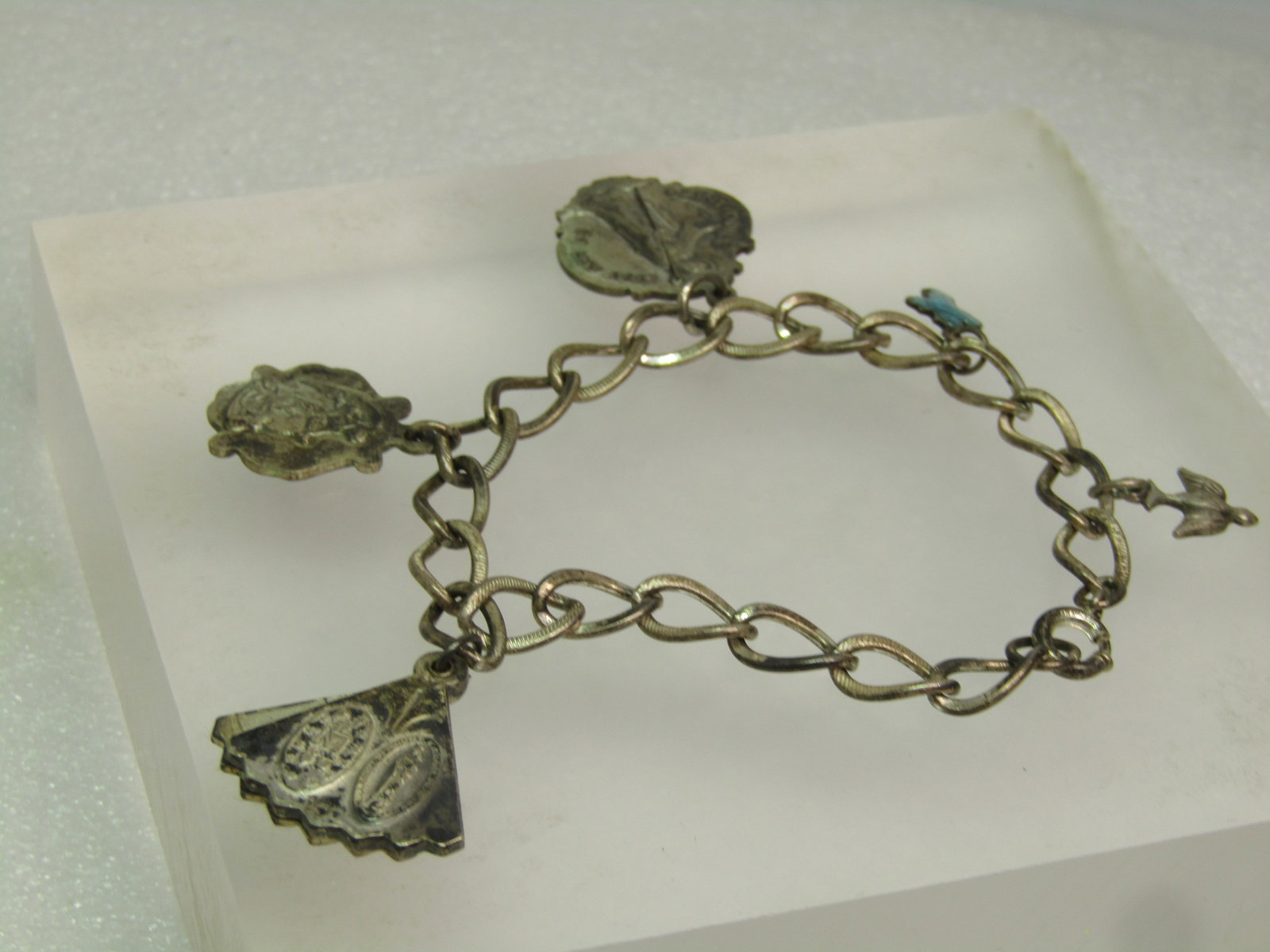 Vintage Sterling Catholic Medals Charm Bracelet, Some Guilloche, 7", Mid-Century - 3