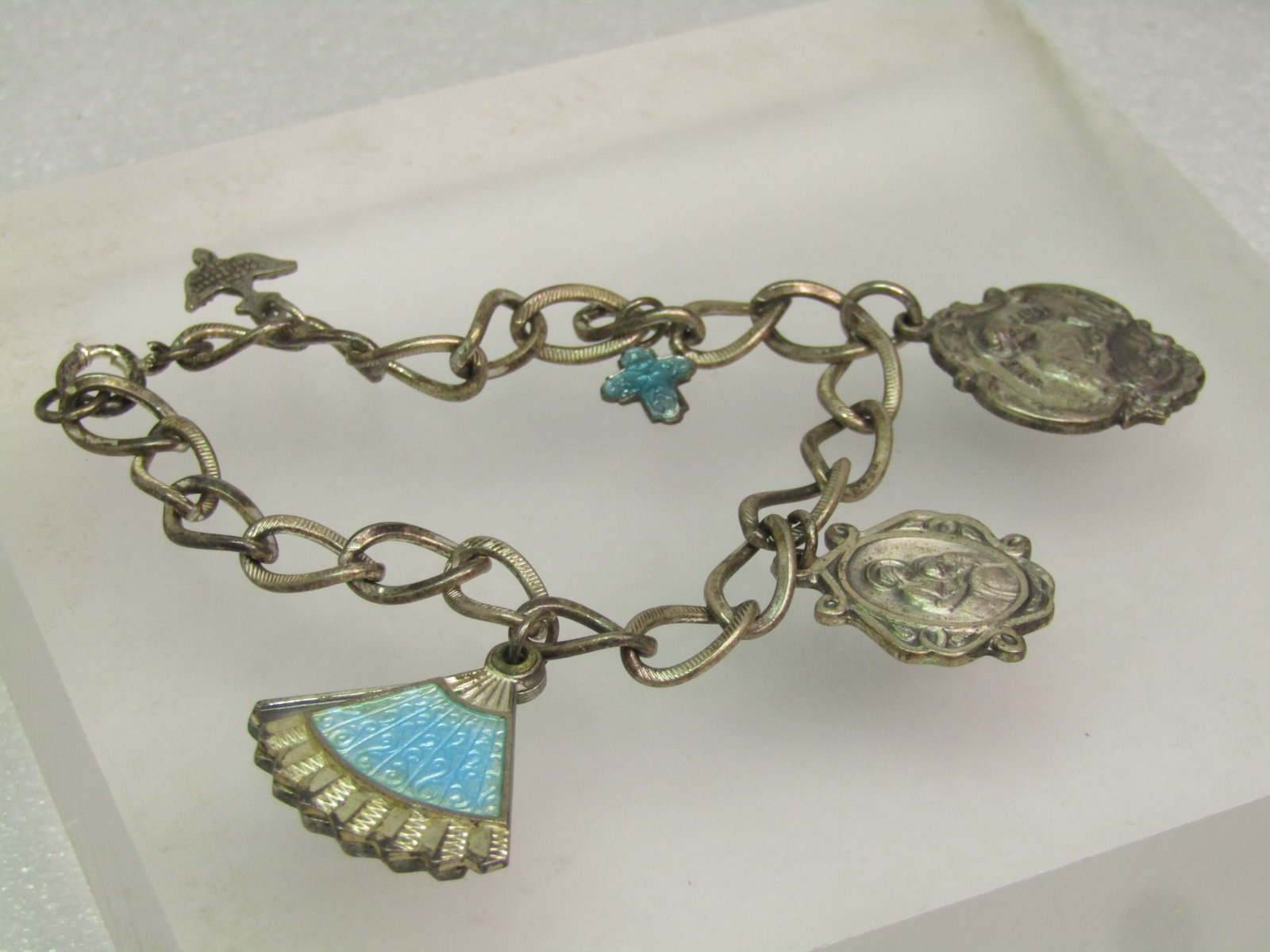 Vintage Sterling Catholic Medals Charm Bracelet, Some Guilloche, 7", Mid-Century - 4